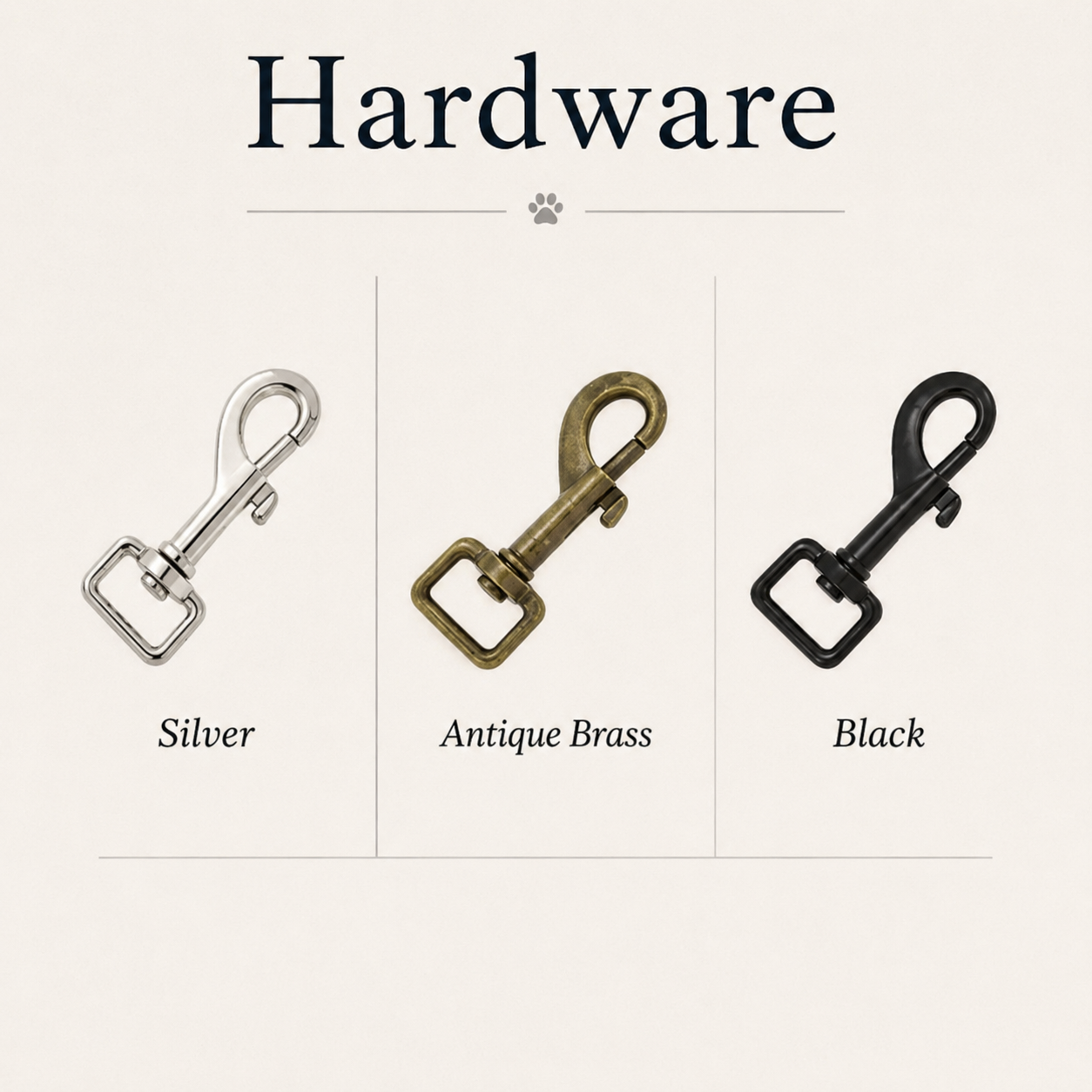 Three types of hardware clips labeled 'Silver', 'Antique Brass', and 'Black' on a white background.