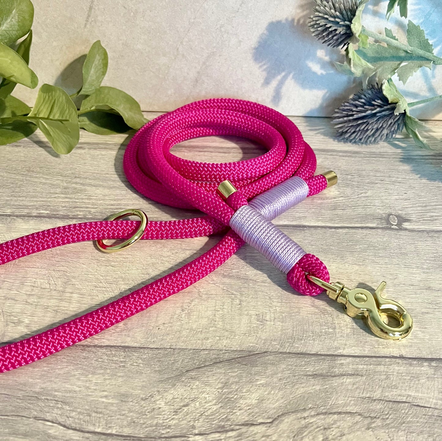 Fuchsia Pink rope lead with Lilac whipping securing a swivel clip at one end and fastening a handle at the other. The handle has an O-ring attached. Each end of the rope is finished with a metal end cap. All hardware for this lead is in Gold