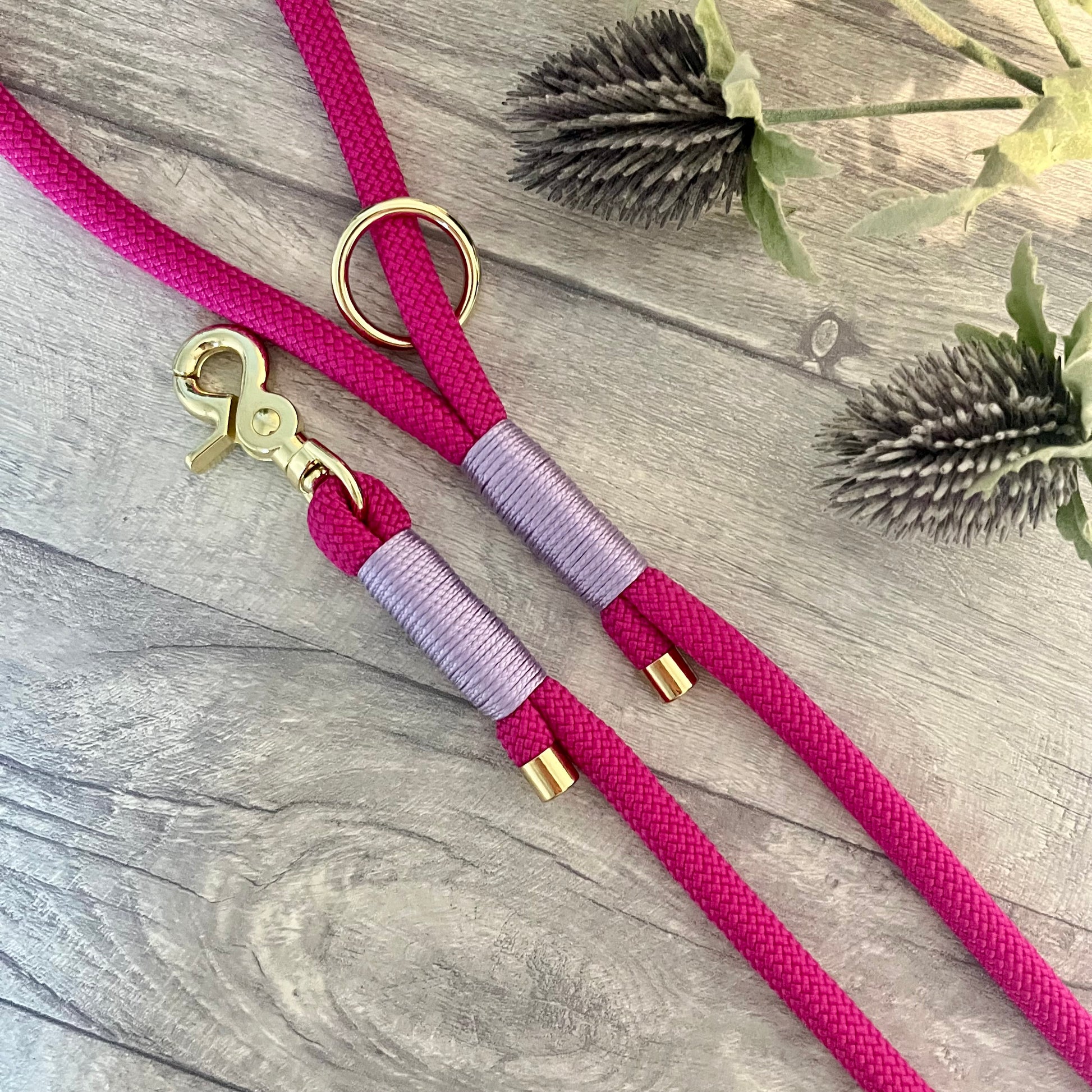 Fuchsia Pink rope lead with Lilac whipping securing a swivel clip at one end and fastening a handle at the other. The handle has an O-ring attached. Each end of the rope is finished with a metal end cap. All hardware for this lead is in Gold