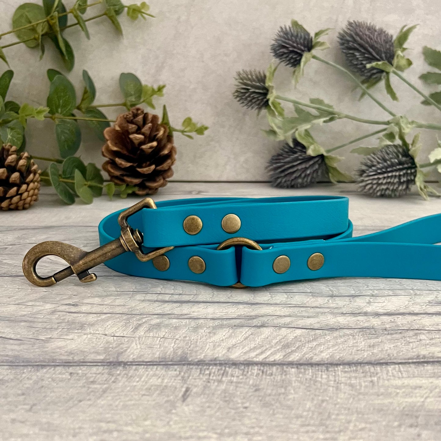 Biothane lead in Lagoon with Antique Brass hardware. An O-ring connects the handle to the lead with double ended rivets fixing it together. A Snap Clip is fixed with double ended rivets. The lead has a soft leather appearance.