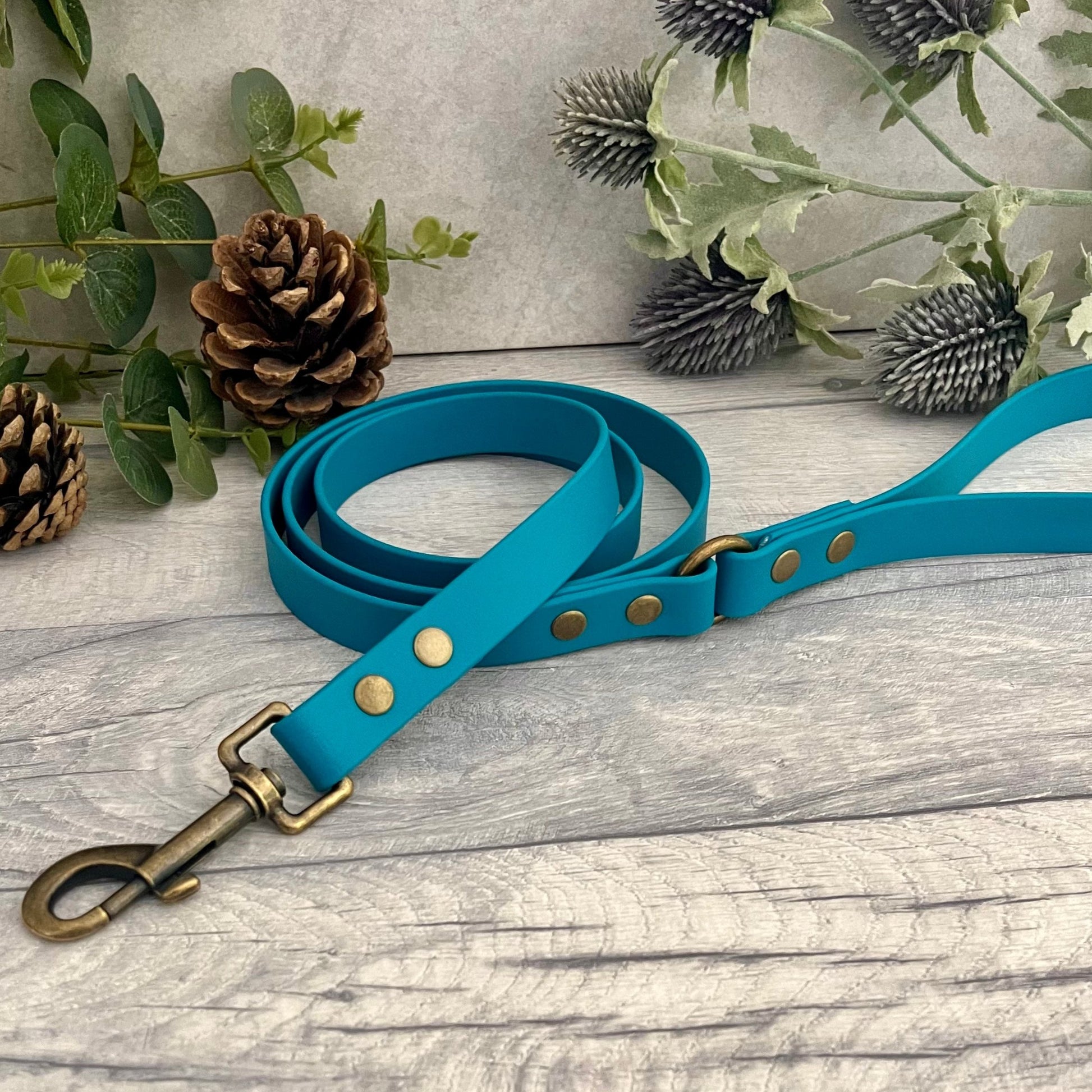 Biothane lead in Lagoon with Antique Brass hardware. An O-ring connects the handle to the lead with double ended rivets fixing it together. A Snap Clip is fixed with double ended rivets. The lead has a soft leather appearance.