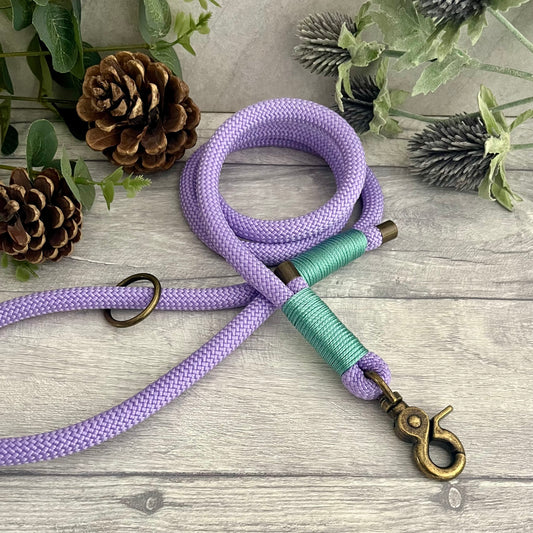 Lilac Paracord rope lead with Sea Green whipping securing each end together. At each end of the rope there is a metal end cap, a clip to connect to a collar at one end and a O-ring fixed to the handle. All hardware is Antique Brass