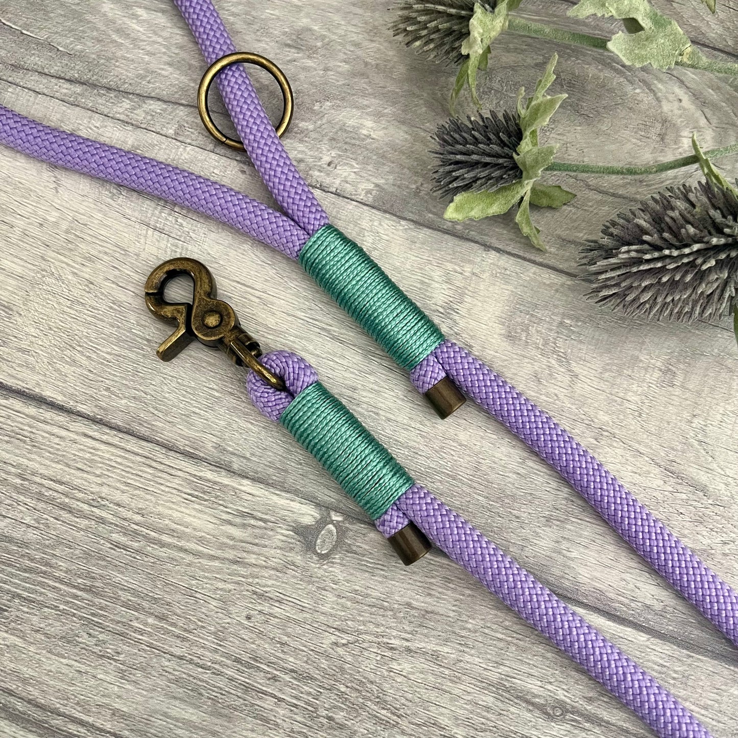 Lilac Paracord rope lead with Sea Green whipping securing each end together. At each end of the rope there is a metal end cap, a clip to connect to a collar at one end and a O-ring fixed to the handle. All hardware is Antique Brass