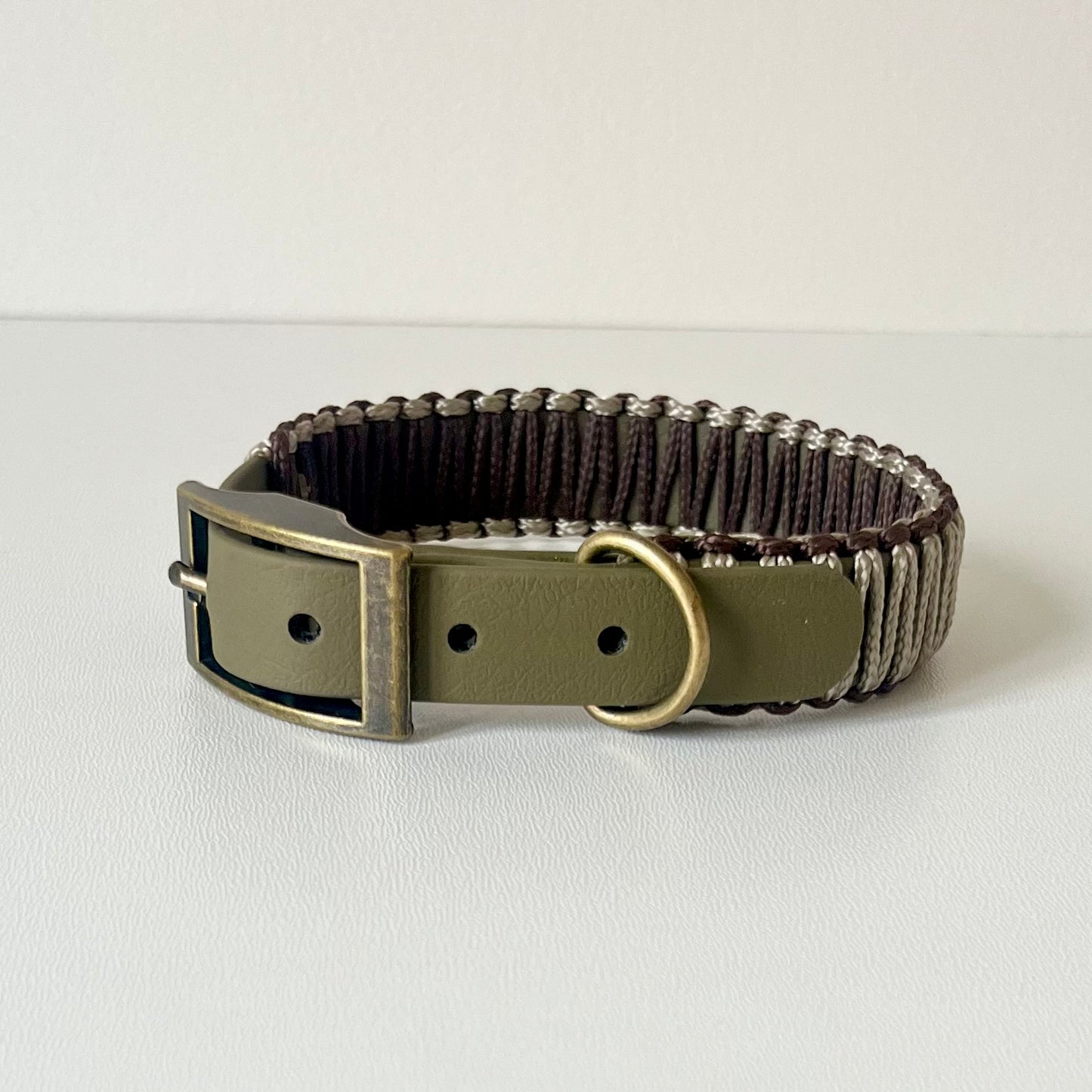 Olive strap dog collar with brown and tan cord wrapping with antique brass hardware