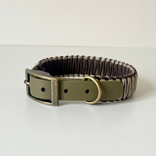 Olive strap dog collar with brown and tan cord wrapping with antique brass hardware