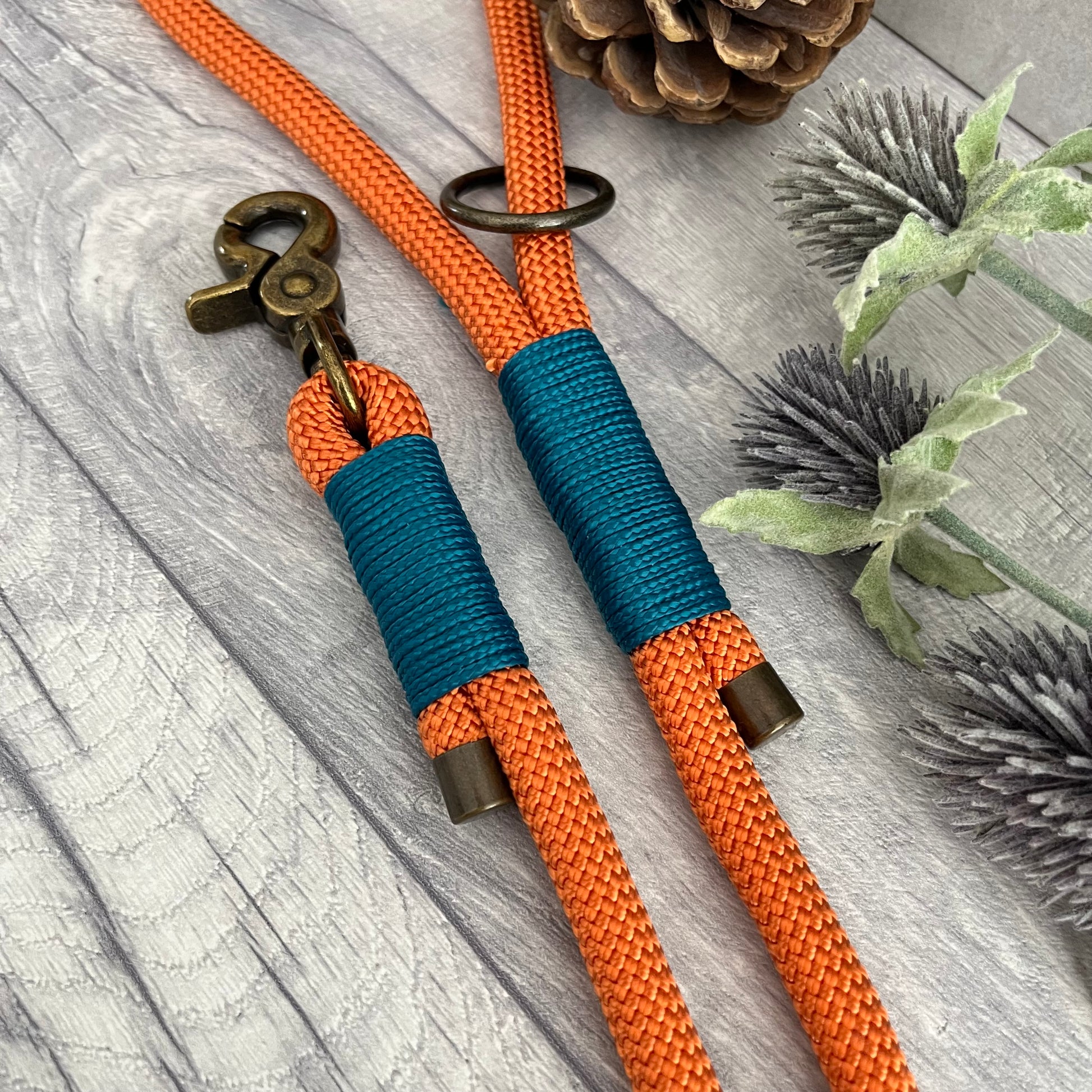 Orange rope lead with Aqua whipping securing a swivel clip at one end and fastening a handle at the other. The handle has an O-ring attached. Each end of the rope is finished with a metal end cap. All hardware for this lead is in Antique Brass