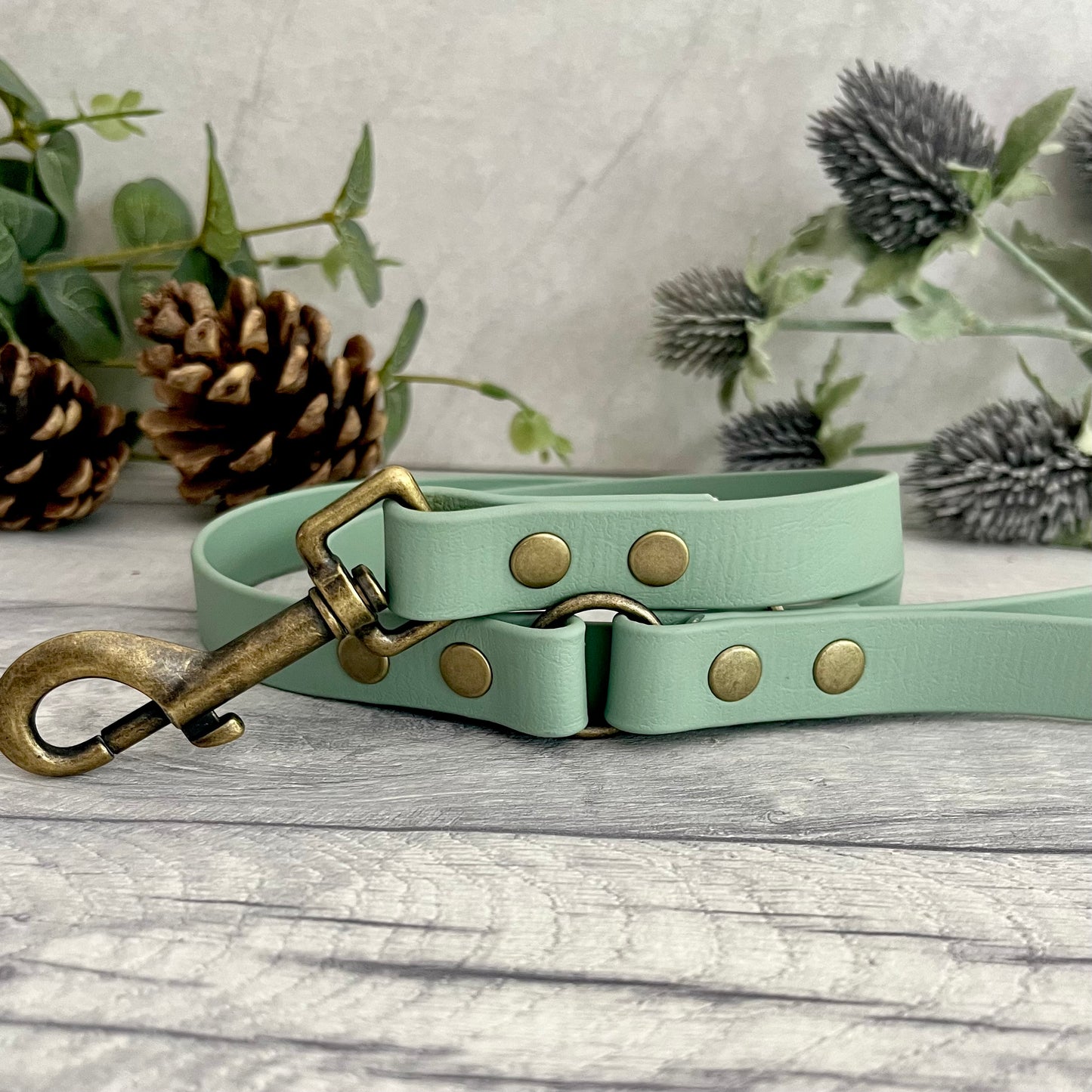 Sage Green Biothane lead with Antique Brass Hardware. An O-ring connects the handle to the lead with double ended rivets fixing it together. A Snap Clip is fixed with double ended rivets. The lead has a soft leather appearance.