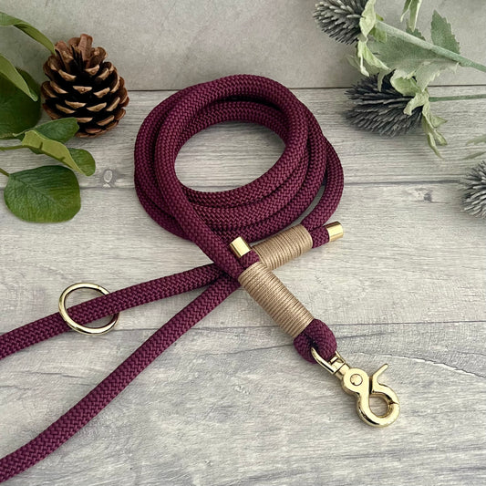 Aubergine Paracord rope lead with Light Gold whipping securing each end together. At each end of the rope there is a metal end cap, a clip to connect to a collar at one end and a O-ring fixed to the handle. All hardware is Gold