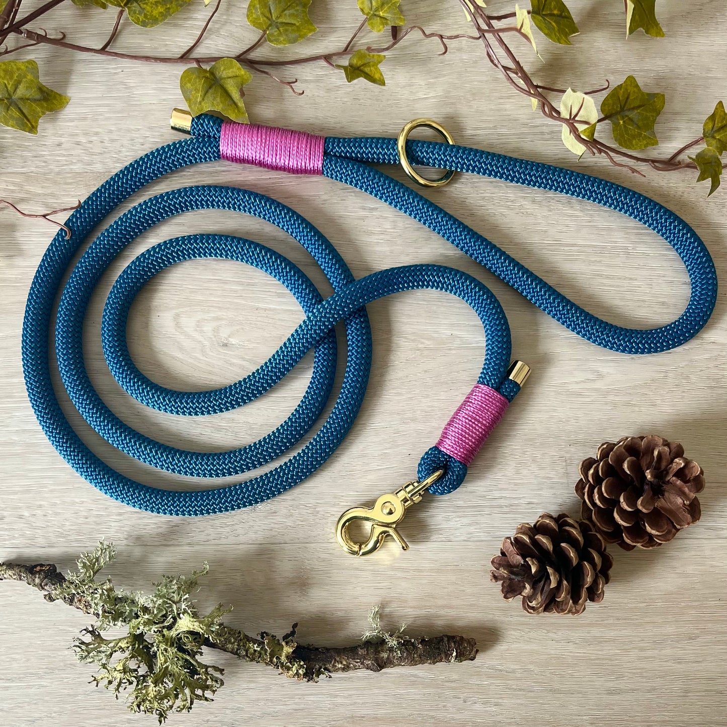 Petrol Blue rope lead with Pink whipping securing a swivel clip at one end and fastening a handle at the other. The handle has an O-ring attached. Each end of the rope is finished with a metal end cap. All hardware for this lead is in Gold