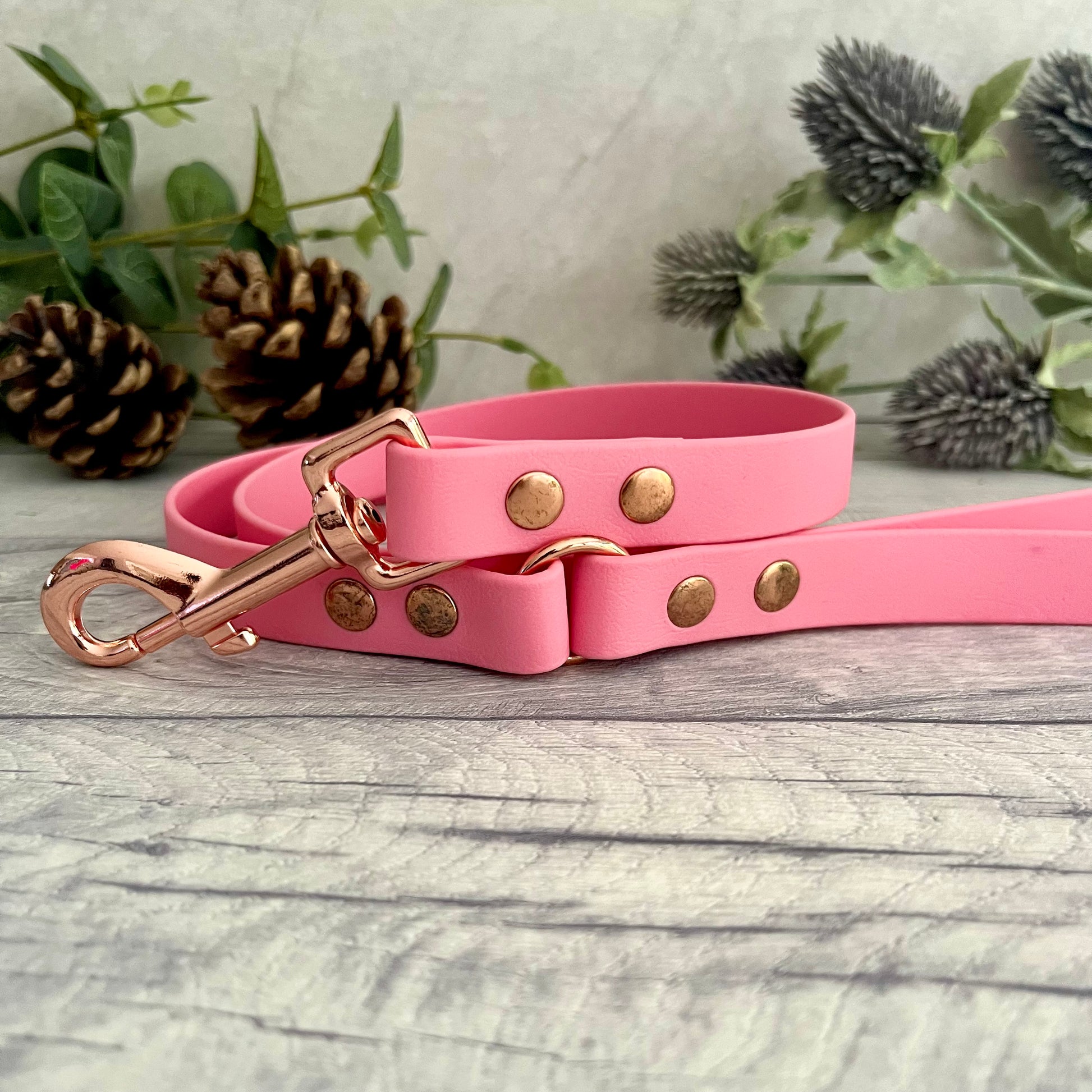 Pink Biothane lead with Rose Gold hardware. An O-ring connects the handle to the lead with double ended rivets fixing it together. A Snap Clip is fixed with double ended rivets. The lead has a soft leather appearance.