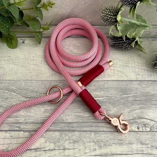 Pink rope lead with Raspberry whipping securing a swivel clip at one end and fastening a handle at the other. The handle has an O-ring attached. Each end of the rope is finished with a metal end cap. All hardware for this lead is in Rose Gold