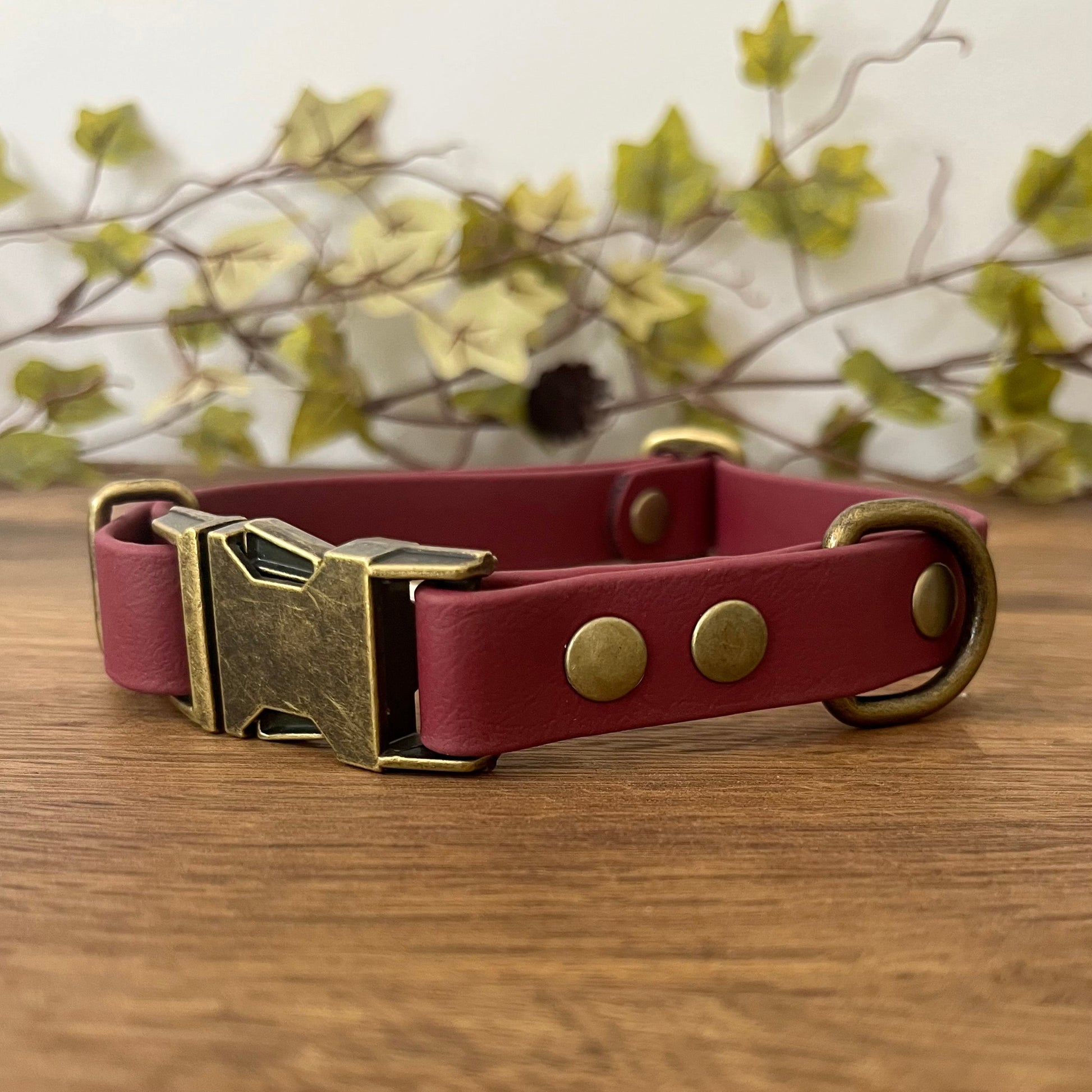 Made from Biothane in Wine Red, the collar is fastened with a metal quick release buckle, metal rivets with a metal strap keeper on one side with a D-ring on the other. All hardware is in Antique Brass