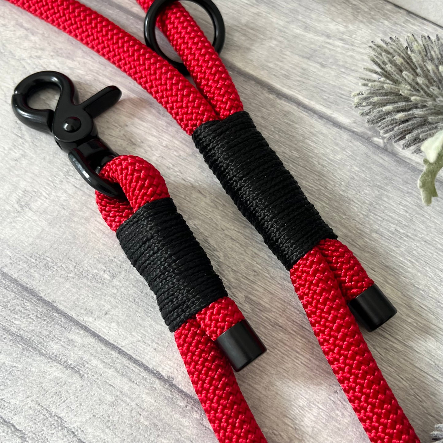 Red rope lead with Black whipping securing a swivel clip at one end and fastening a handle at the other. The handle has an O-ring attached. Each end of the rope is finished with a metal end cap. All hardware for this lead is in Black