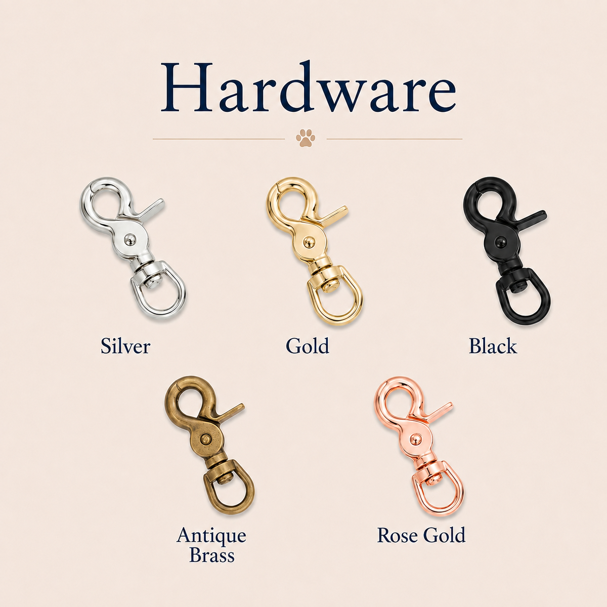 A product options graphic showing five metal clasp hardware pieces on a light beige background with the heading 'Hardware.' The clasps are labeled Silver, Gold, Black, Antique Brass, and Rose Gold.