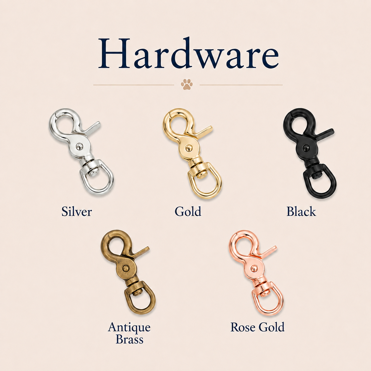 A product options graphic showing five metal clasp hardware pieces on a light beige background with the heading 'Hardware.' The clasps are labeled Silver, Gold, Black, Antique Brass, and Rose Gold.