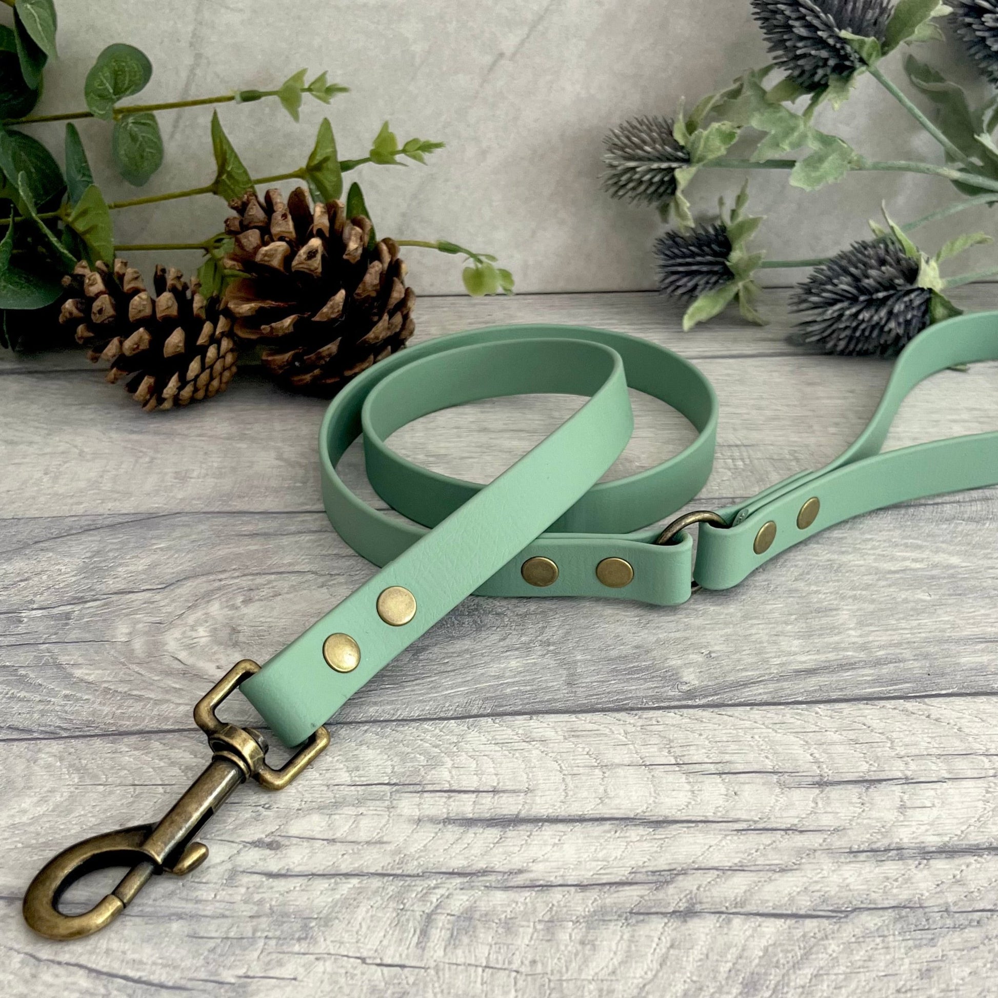 Sage Green Biothane lead with Antique Brass Hardware. An O-ring connects the handle to the lead with double ended rivets fixing it together. A Snap Clip is fixed with double ended rivets. The lead has a soft leather appearance.