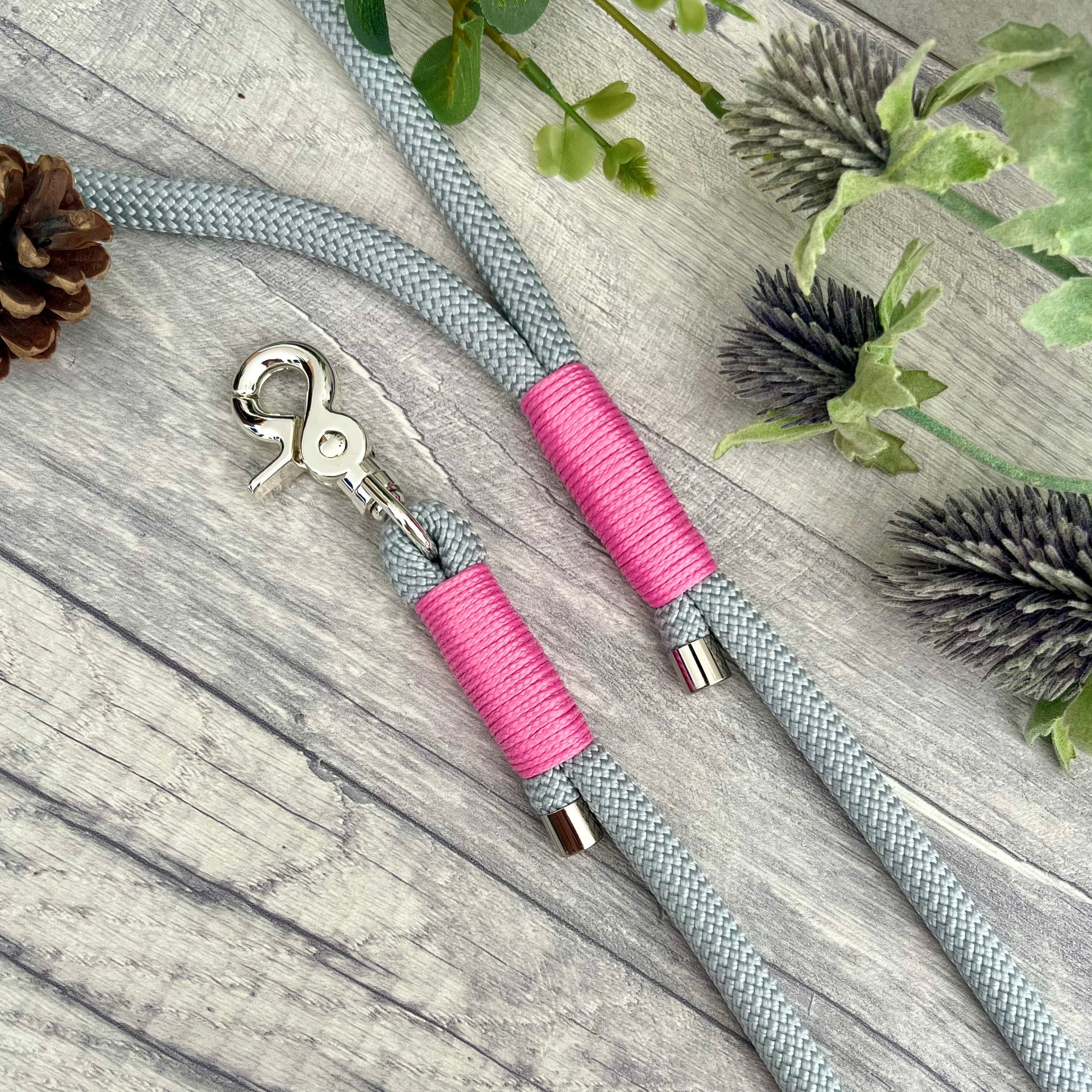 Silver Grey rope lead with Rose Pink whipping securing a swivel clip at one end and fastening a handle at the other. The handle has an O-ring attached. Each end of the rope is finished with a metal end cap. All hardware for this lead is in Silver