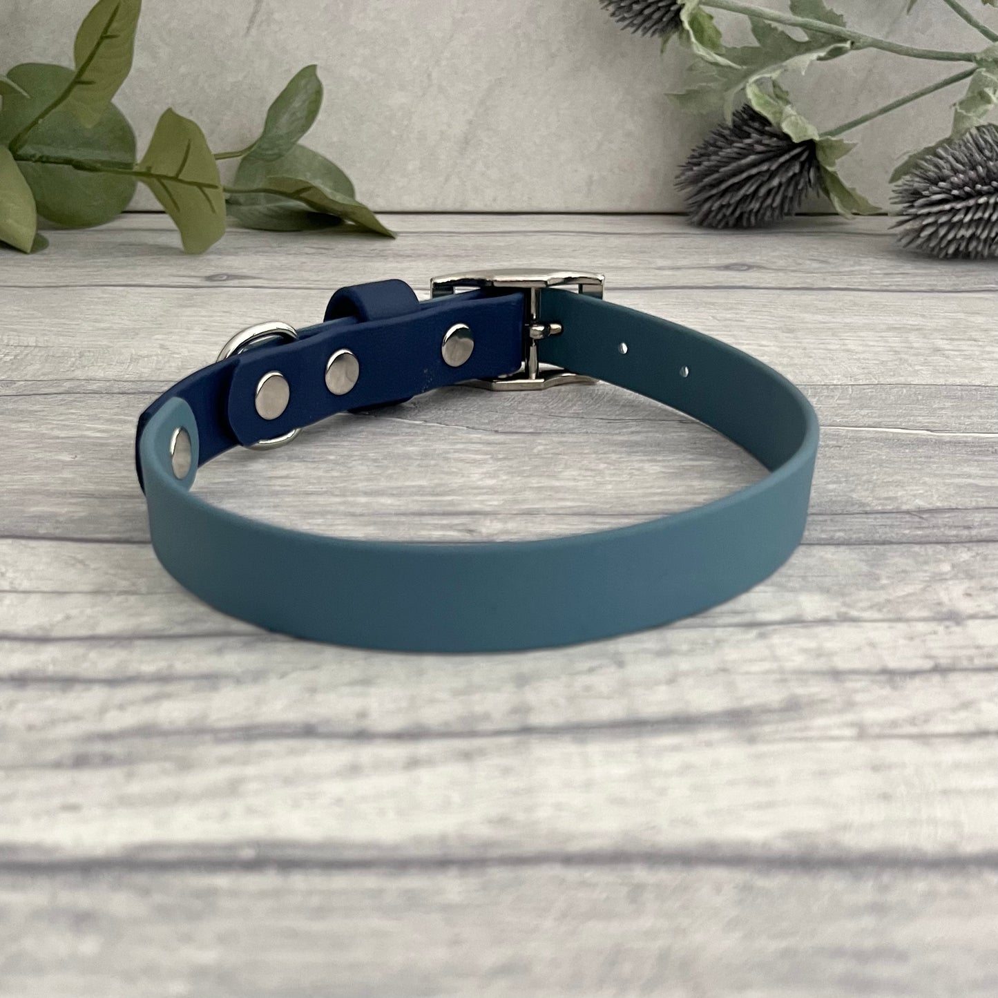 Two tone dog collar in Petrol Blue & Navy. The collar strap is two colours fixed together with a rivet. The collar has a Biothane strap keeper and a metal D-ring with 5 x punched holes. All hardware is Silver