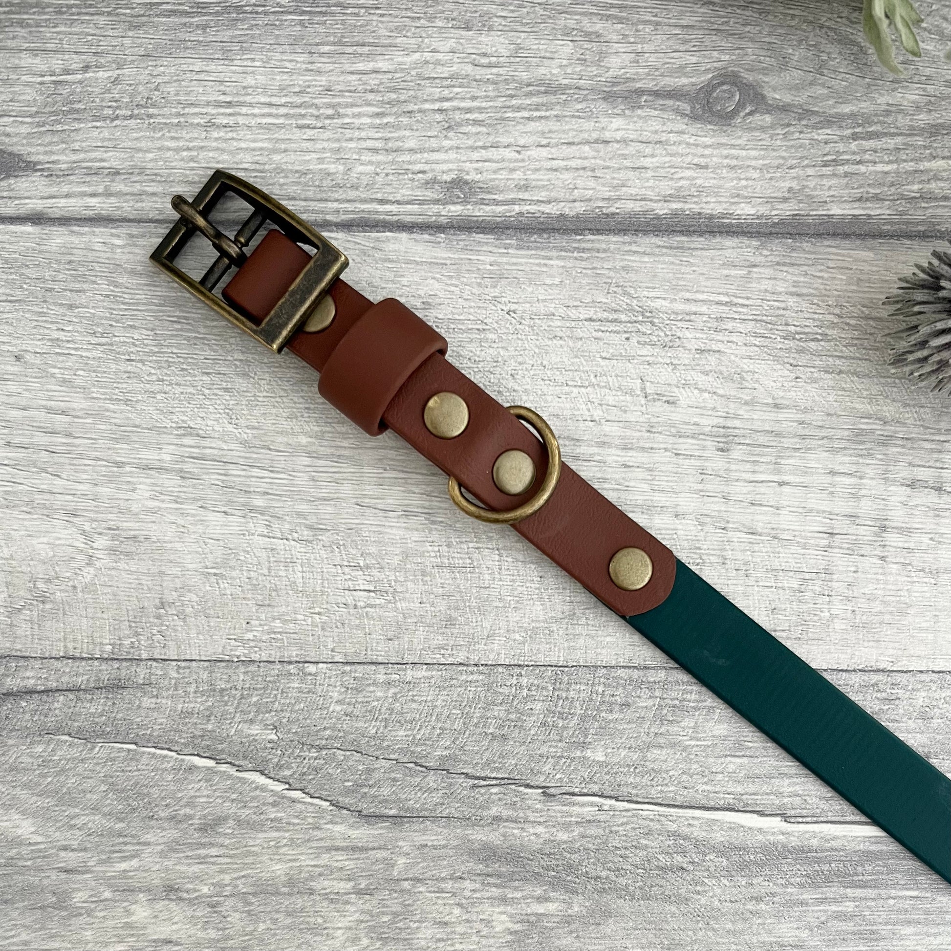 Two tone dog collar in Dark green & Brown. The collar strap is two colous fixed together with a rivet. The collar has a Biothane strap keeper and a metal D-ring with 5 x punched holes. All hardware is Antique Brass