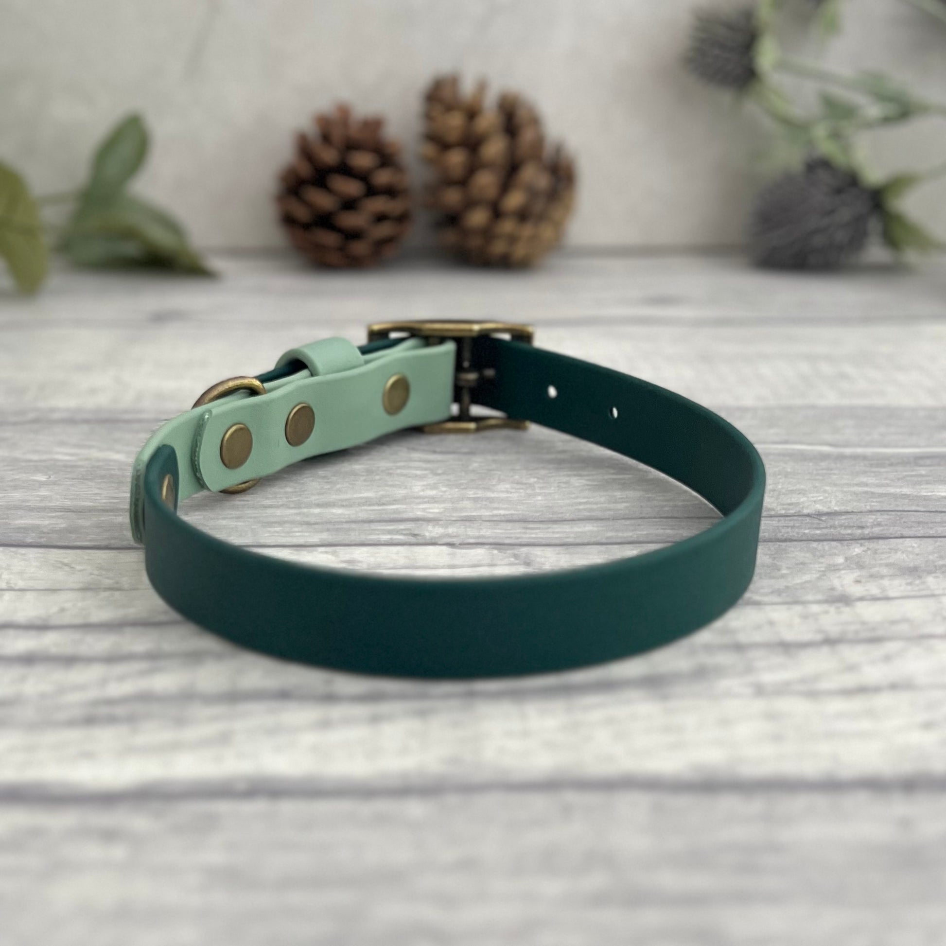 Two tone dog collar in Sage and Dark green. The collar strap is two colous fixed together with a rivet. The collar has a Biothane strap keeper and a metal D-ring with 5 x punched holes. All hardware is Antique Brass