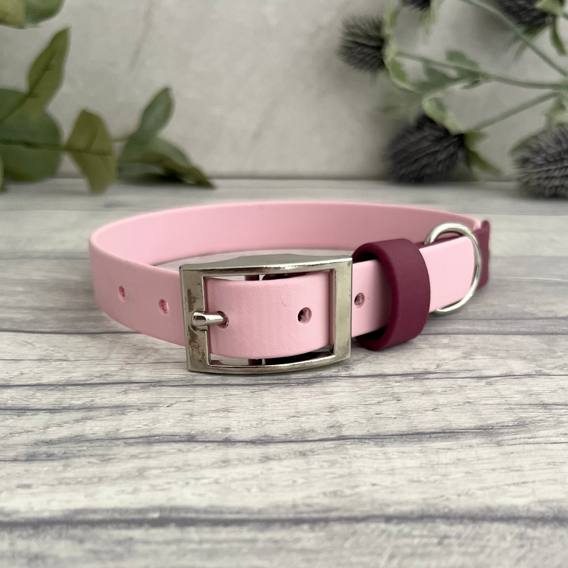 Two tone dog collar in Light Pink & Wine Red . The collar strap is two colours fixed together with a rivet. The collar has a Biothane strap keeper and a metal D-ring with 5 x punched holes. All hardware is Silver