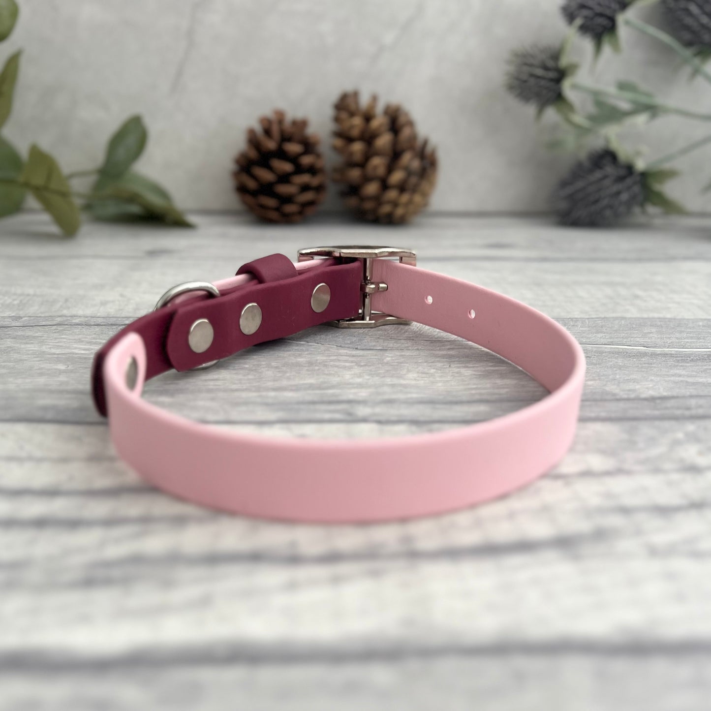 Two tone dog collar in Light Pink & Wine Red . The collar strap is two colours fixed together with a rivet. The collar has a Biothane strap keeper and a metal D-ring with 5 x punched holes. All hardware is Silver