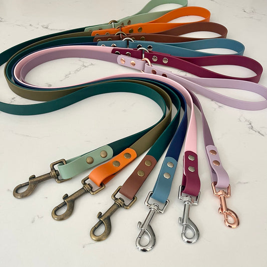 Set of colorful dog leashes on a marble surface
