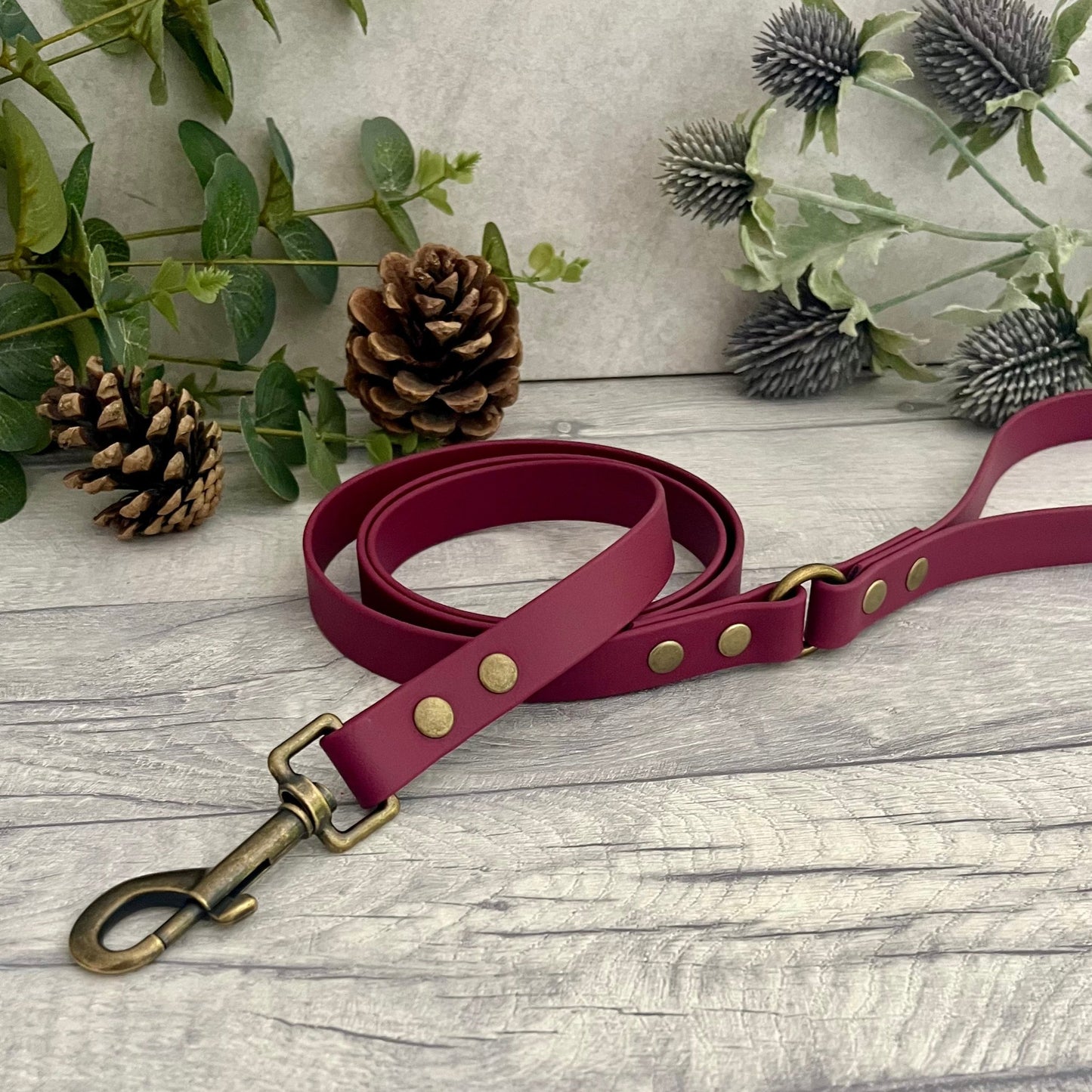 Wine Red Biothane lead with Antique Brass hardware. An O-ring connects the handle to the lead with double ended rivets fixing it together. A Snap Clip is fixed with double ended rivets. The lead has a soft leather appearance.