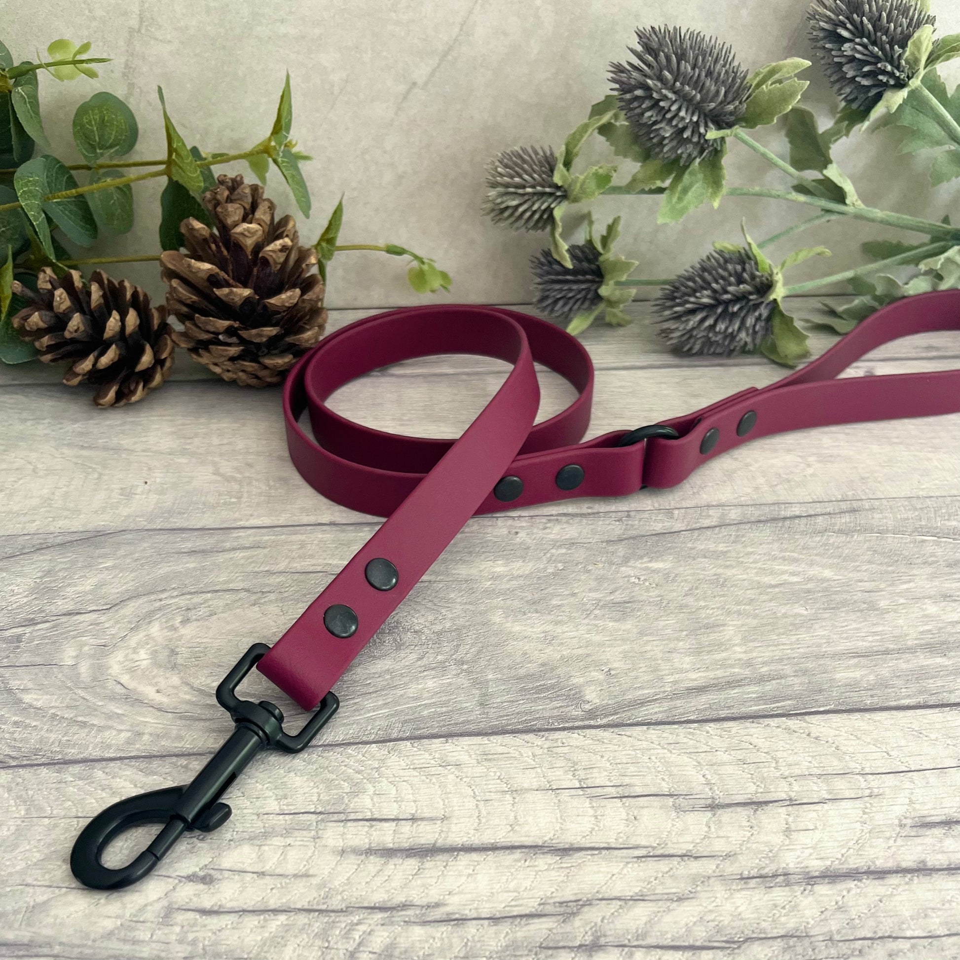 Wine Red Biothane lead with Black hardware. An O-ring connects the handle to the lead with double ended rivets fixing it together. A Snap Clip is fixed with double ended rivets. The lead has a soft leather appearance.
