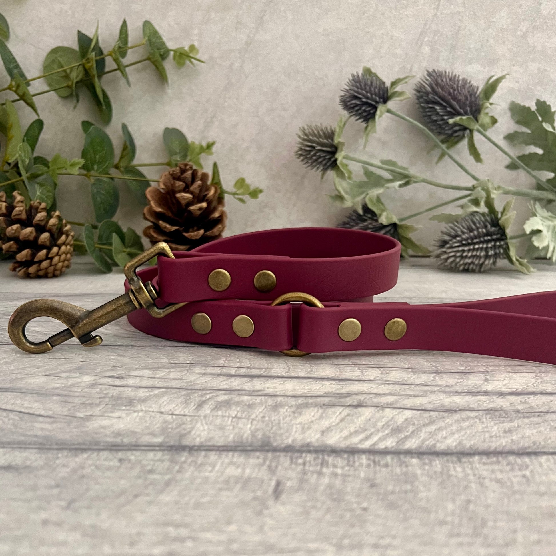 Wine Red Biothane lead with Antique Brass hardware. An O-ring connects the handle to the lead with double ended rivets fixing it together. A Snap Clip is fixed with double ended rivets. The lead has a soft leather appearance.