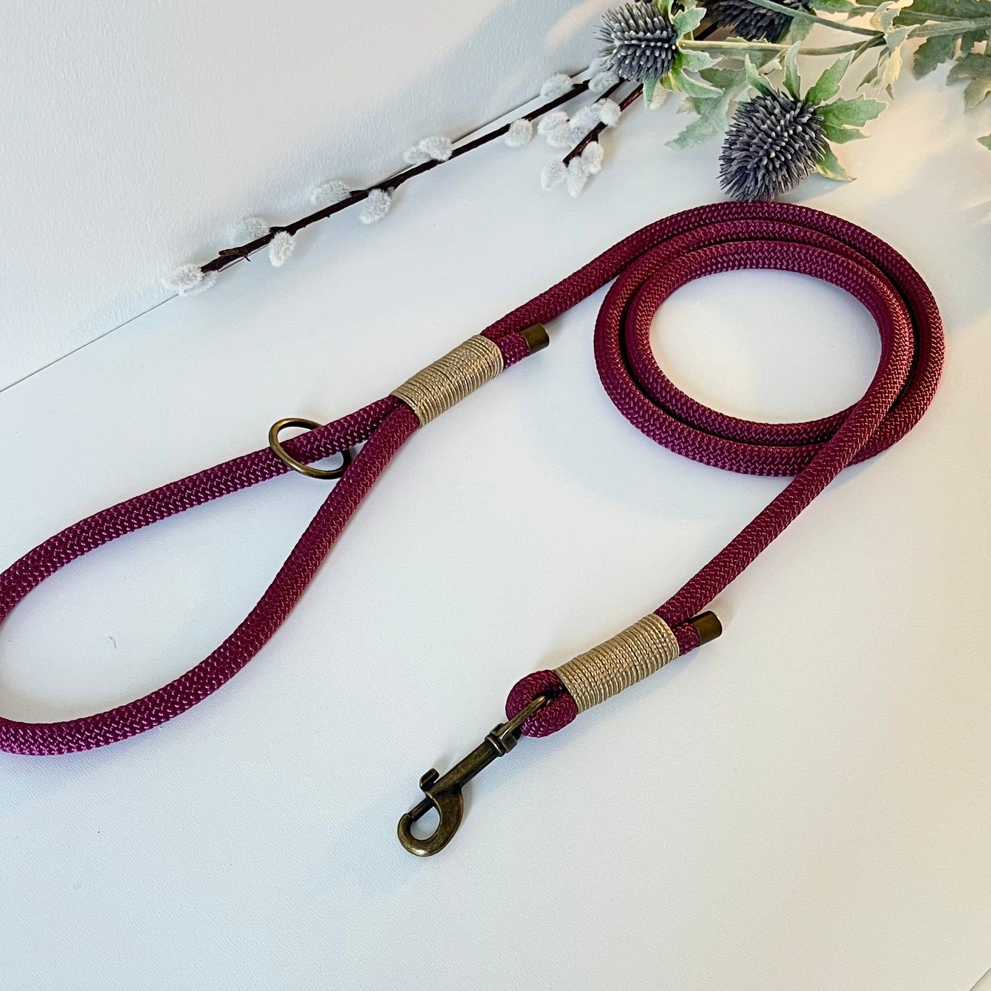 An aubergine coloured rope dog lead with gold coloured binding and antique brass hardware sitting in a white surface with leaves in the background