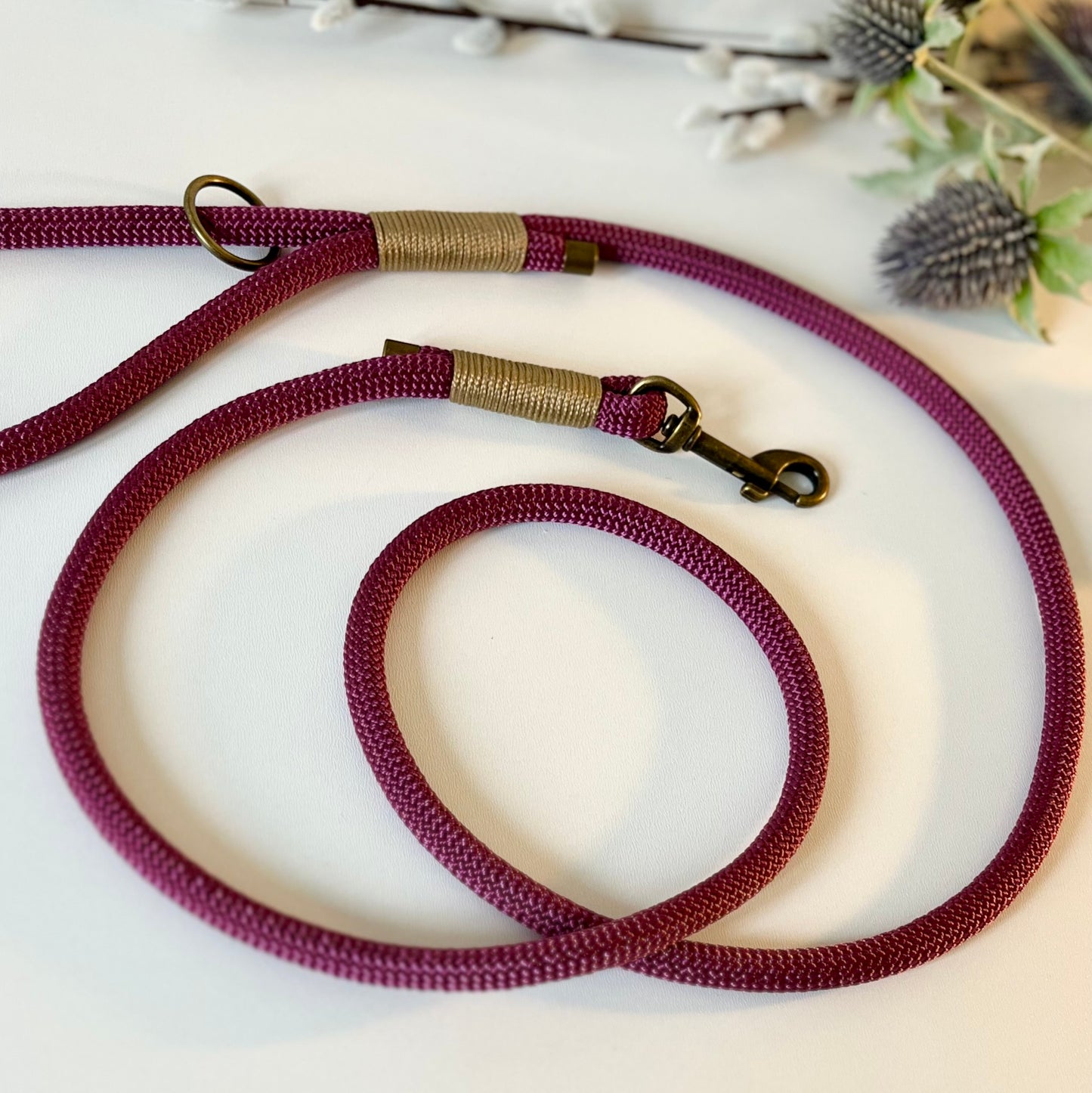 An aubergine coloured rope dog lead with gold coloured binding and antique brass hardware sitting in a white surface with leaves in the background