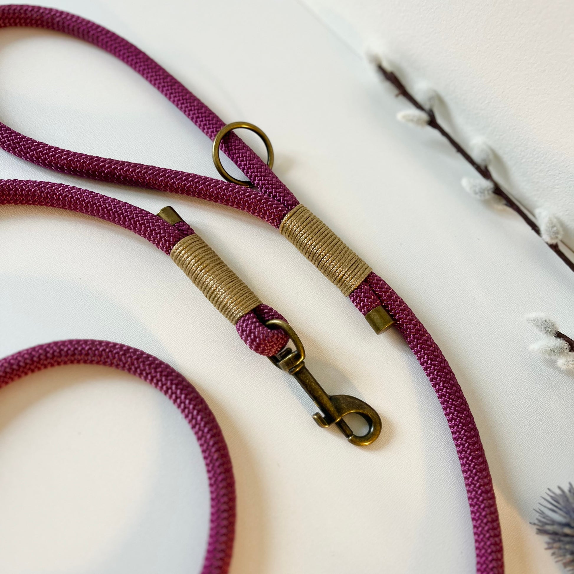 An aubergine coloured rope dog lead with gold coloured binding and antique brass hardware sitting in a white surface with leaves in the background
