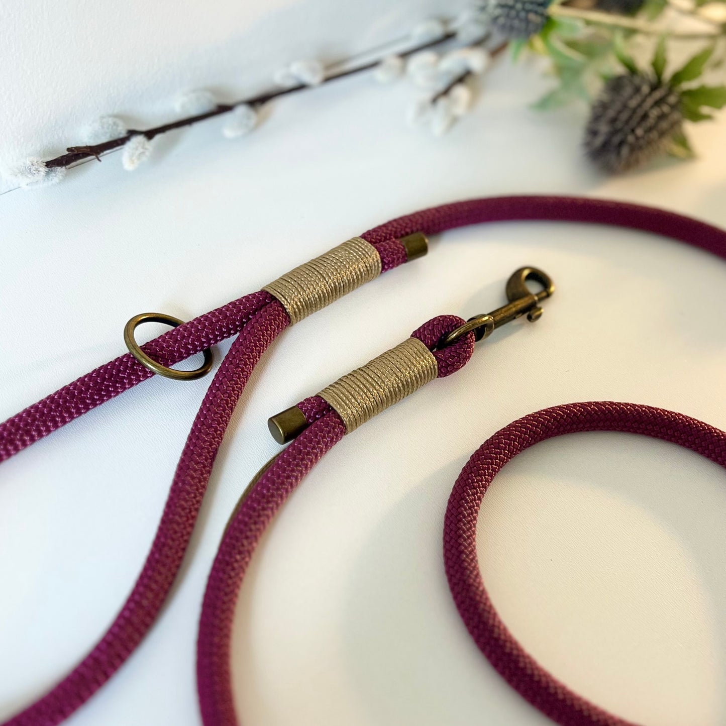 An aubergine coloured rope dog lead with gold coloured binding and antique brass hardware sitting in a white surface with leaves in the background