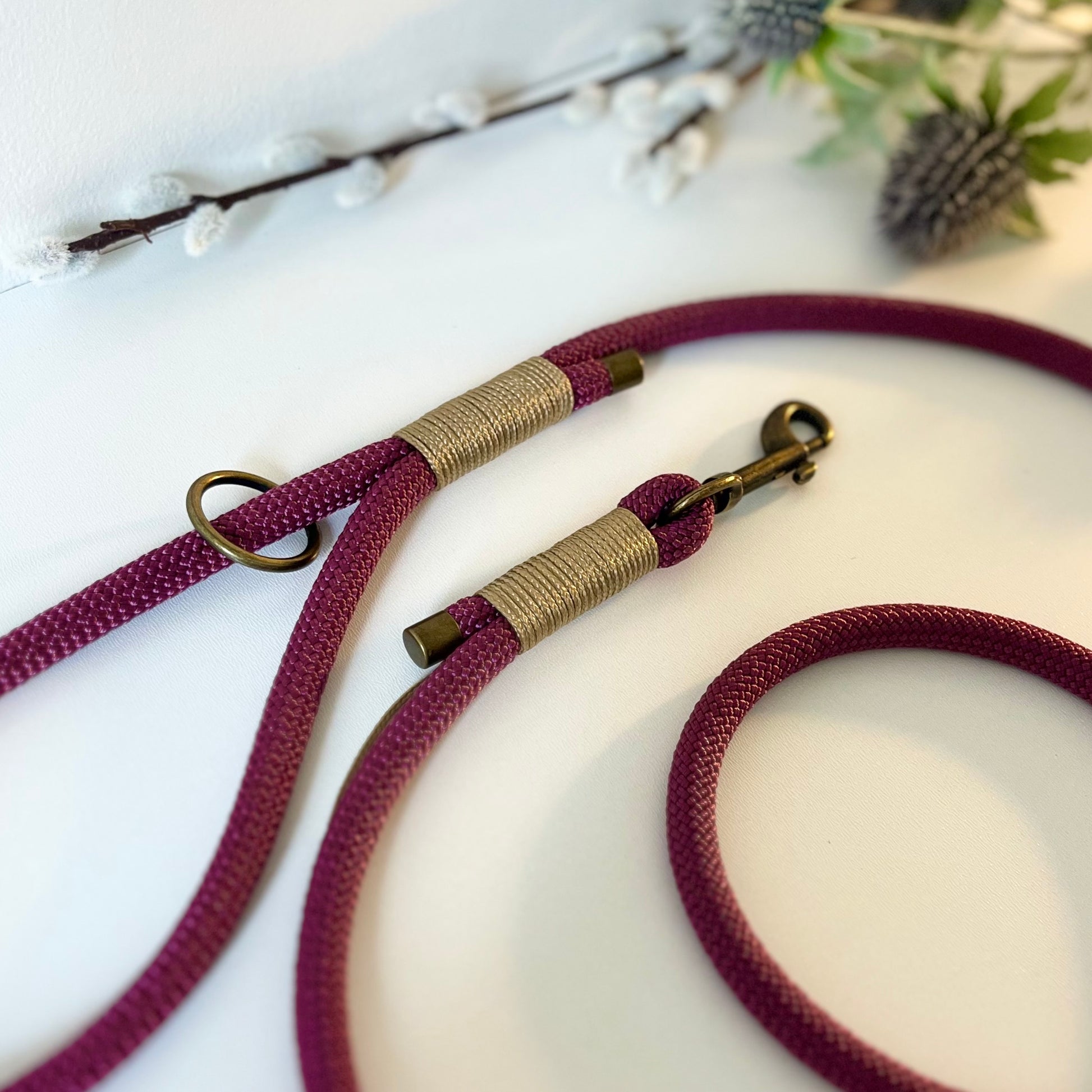 An aubergine coloured rope dog lead with gold coloured binding and antique brass hardware sitting in a white surface with leaves in the background