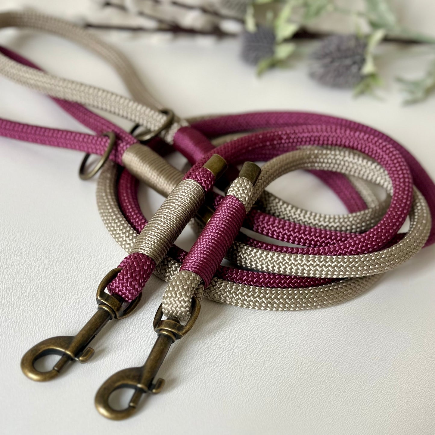 Two rope dog leads with binding and antique brass hardware on a white surface