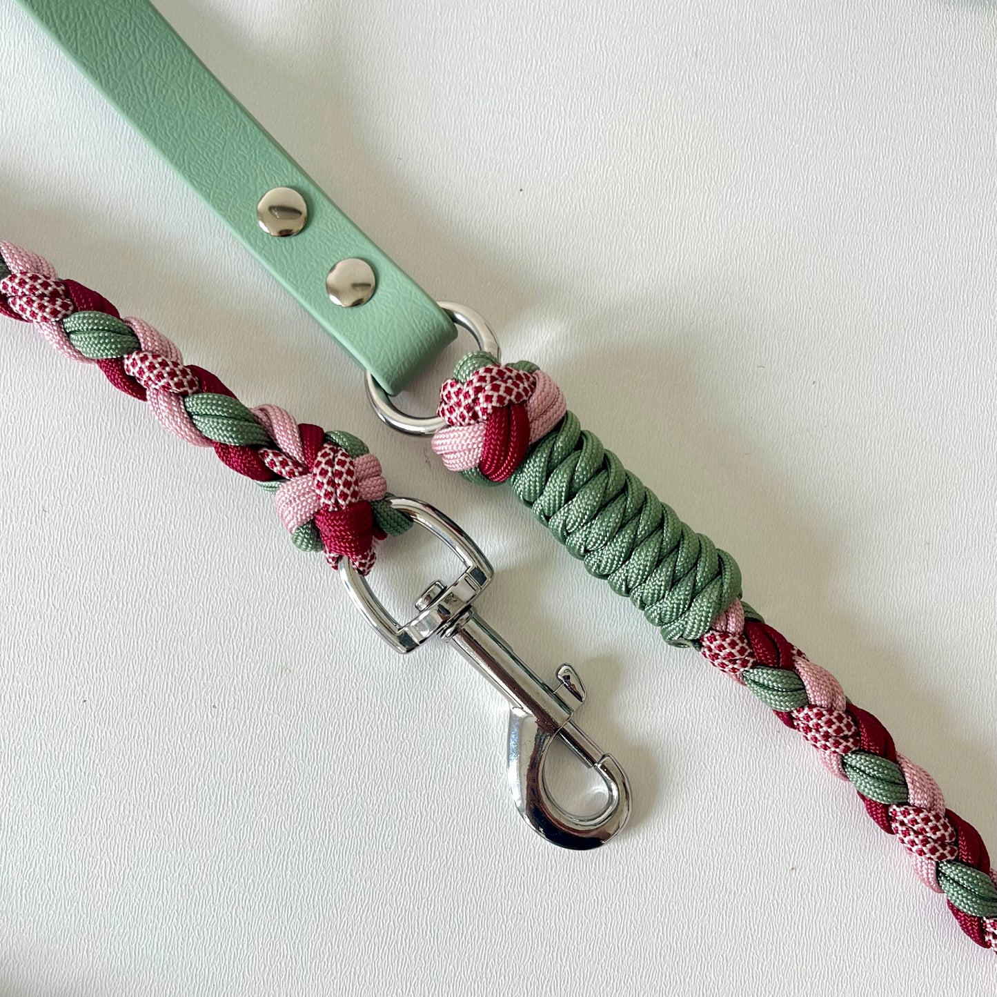 Dog leash with braided design and metal clip on a white background