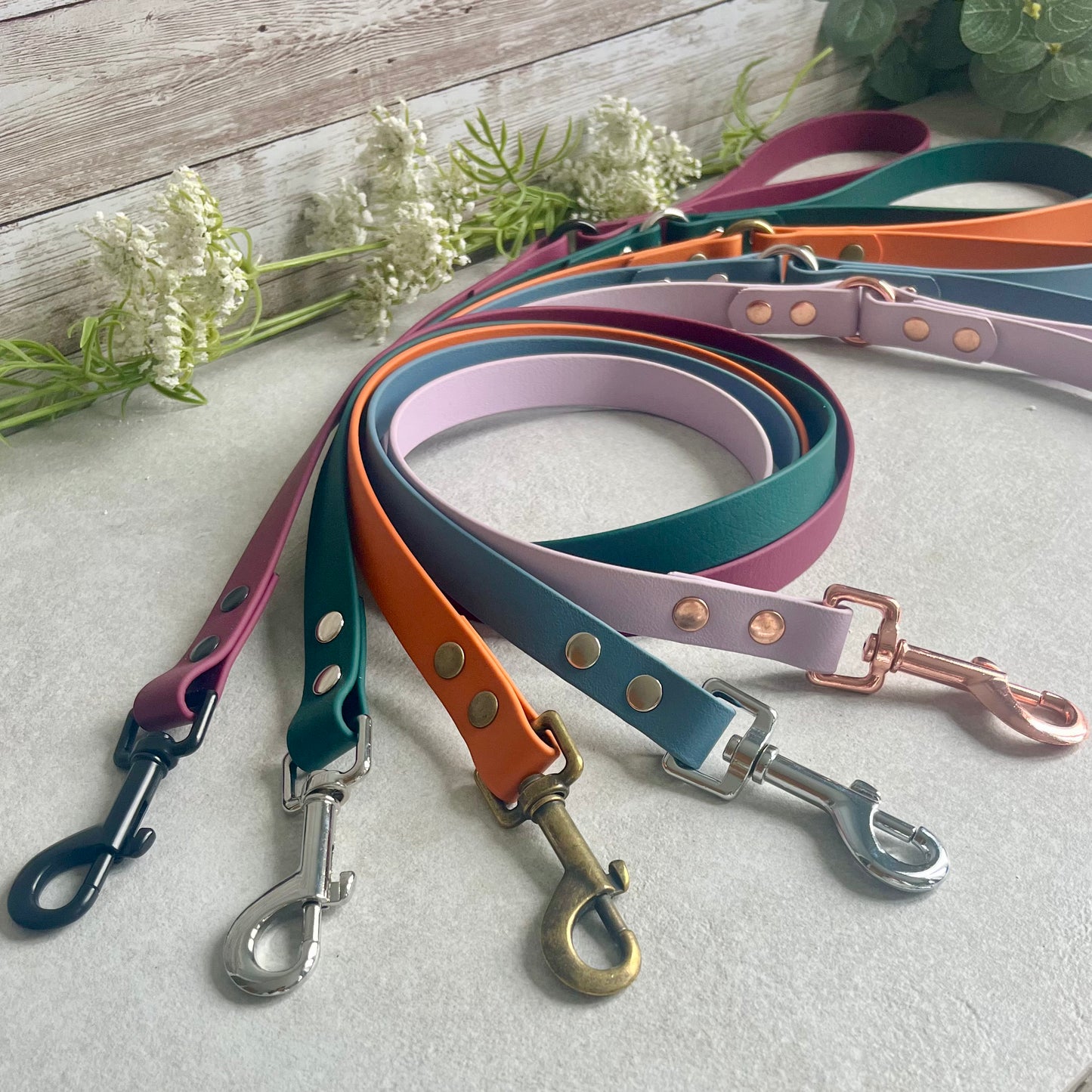 Set of colorful dog leashes with matching collars on a light surface.