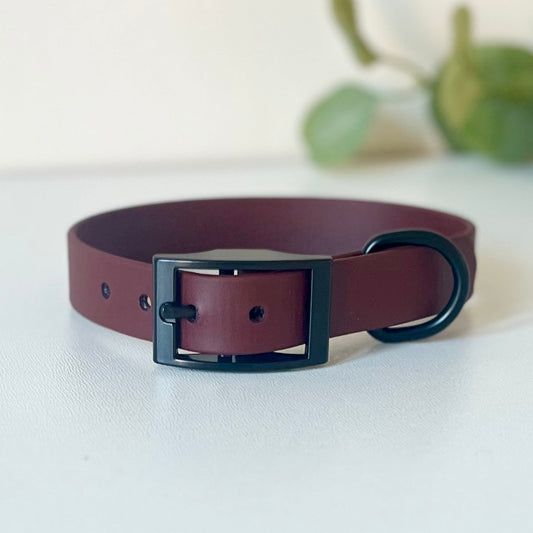 brown dog collar with black hardware sitting on a light surface with leaves in the background