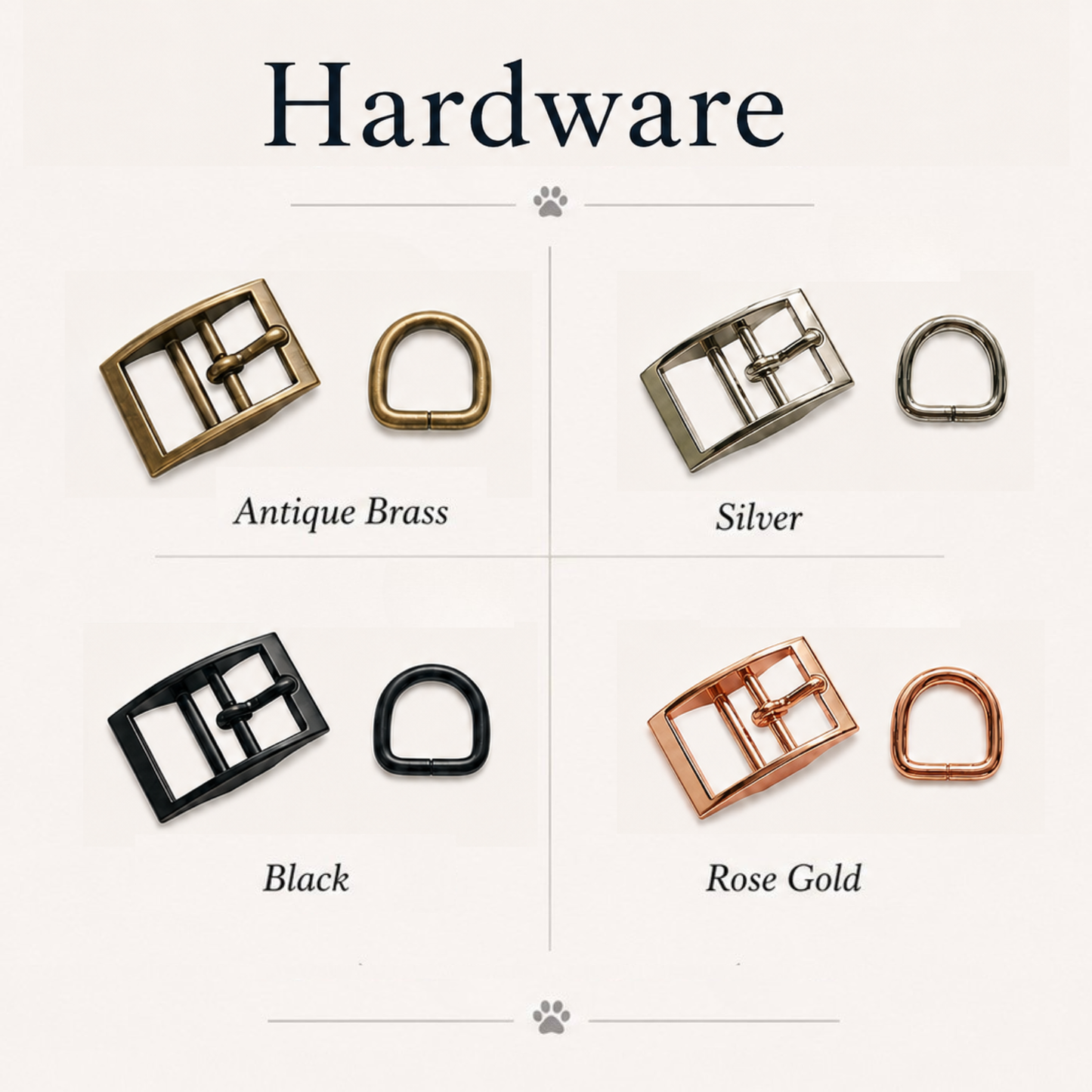 Collection of metal hardware in various finishes on a white background