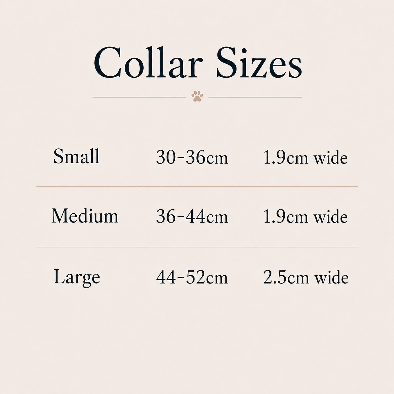 Collar size chart with measurements on a beige background