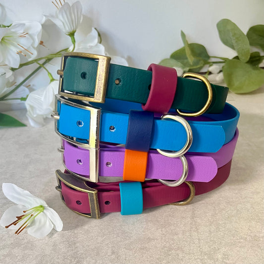 Stack of colorful dog collars with floral background