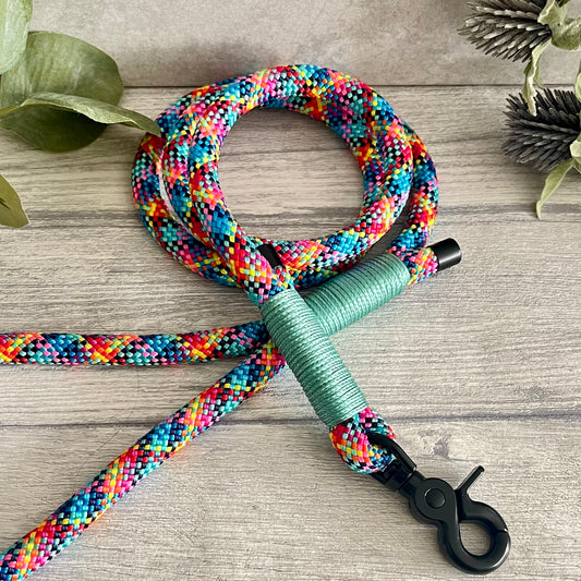 Confetti multi coloured rope lead with Sea Green whipping securing a swivel clip at one end and fastening a handle at the other. The handle has an O-ring attached. Each end of the rope is finished with a metal end cap. All hardware for this lead is in Black