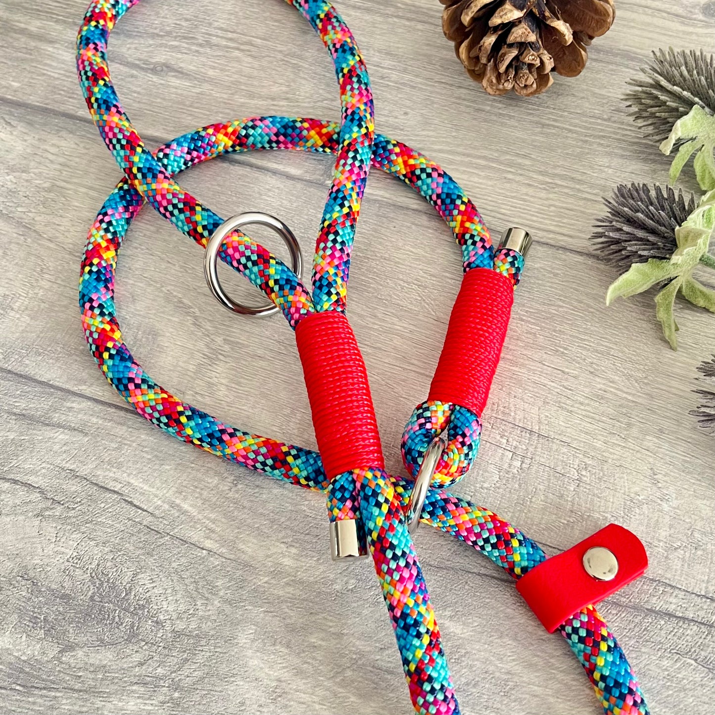 Confetti multi coloured rope slip lead with Red whipping and a BioThane stopper at one end and fastening a handle at the other. The handle has an O-ring attached. Each end of the rope is finished with a metal end cap. All hardware for this lead is in Silver