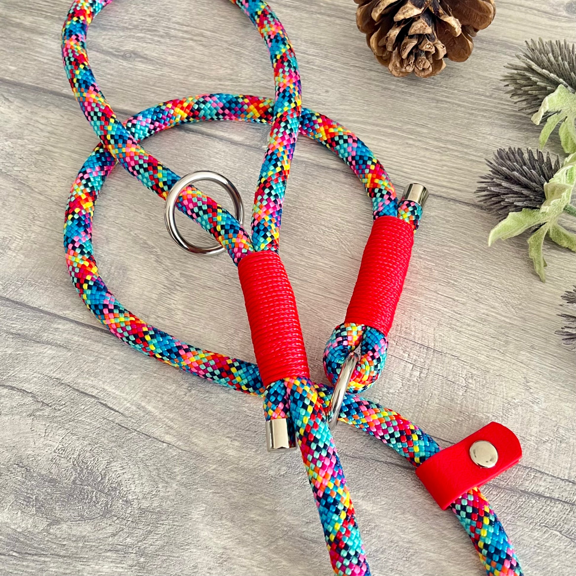 Confetti multi coloured rope slip lead with Red whipping and a BioThane stopper at one end and fastening a handle at the other. The handle has an O-ring attached. Each end of the rope is finished with a metal end cap. All hardware for this lead is in Silver