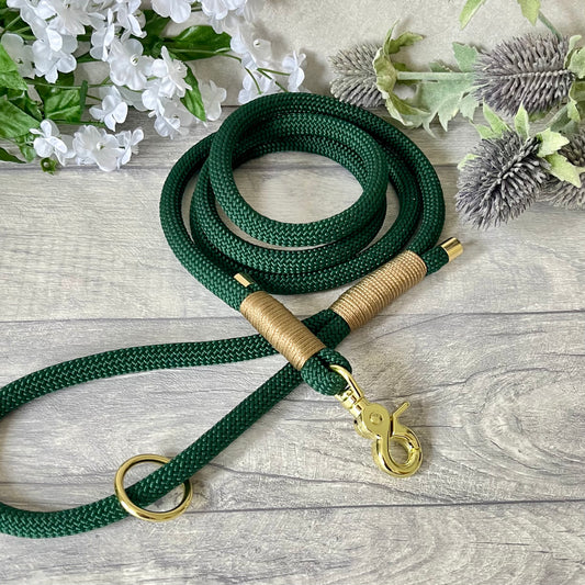 Dark Green rope dog lead with Gold Brown coloured whipping securing a swivel clip at one end and fastening a handle at the other. The handle has an O-ring attached. Each end of the rope is finished with a metal end cap. All hardware for this lead is in Gold