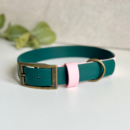 Dark Green and Light Pink biothane dog collar on a light background