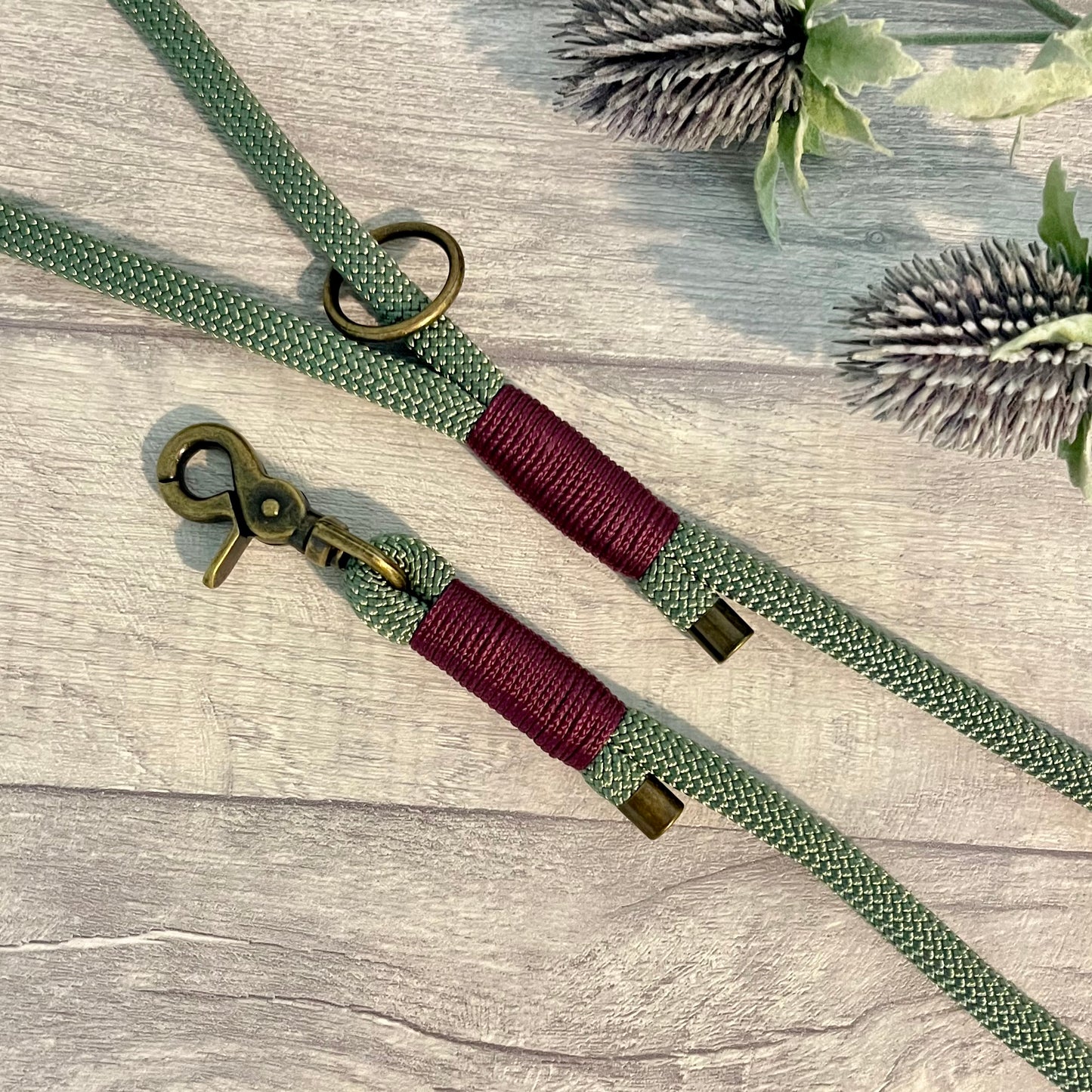 Foggy Green Paracord rope lead with Aubergine whipping securing each end together. At each end of the rope there is a metal end cap, a clip to connect to a collar at one end and a O-ring fixed to the handle. All hardware is Antique Brass