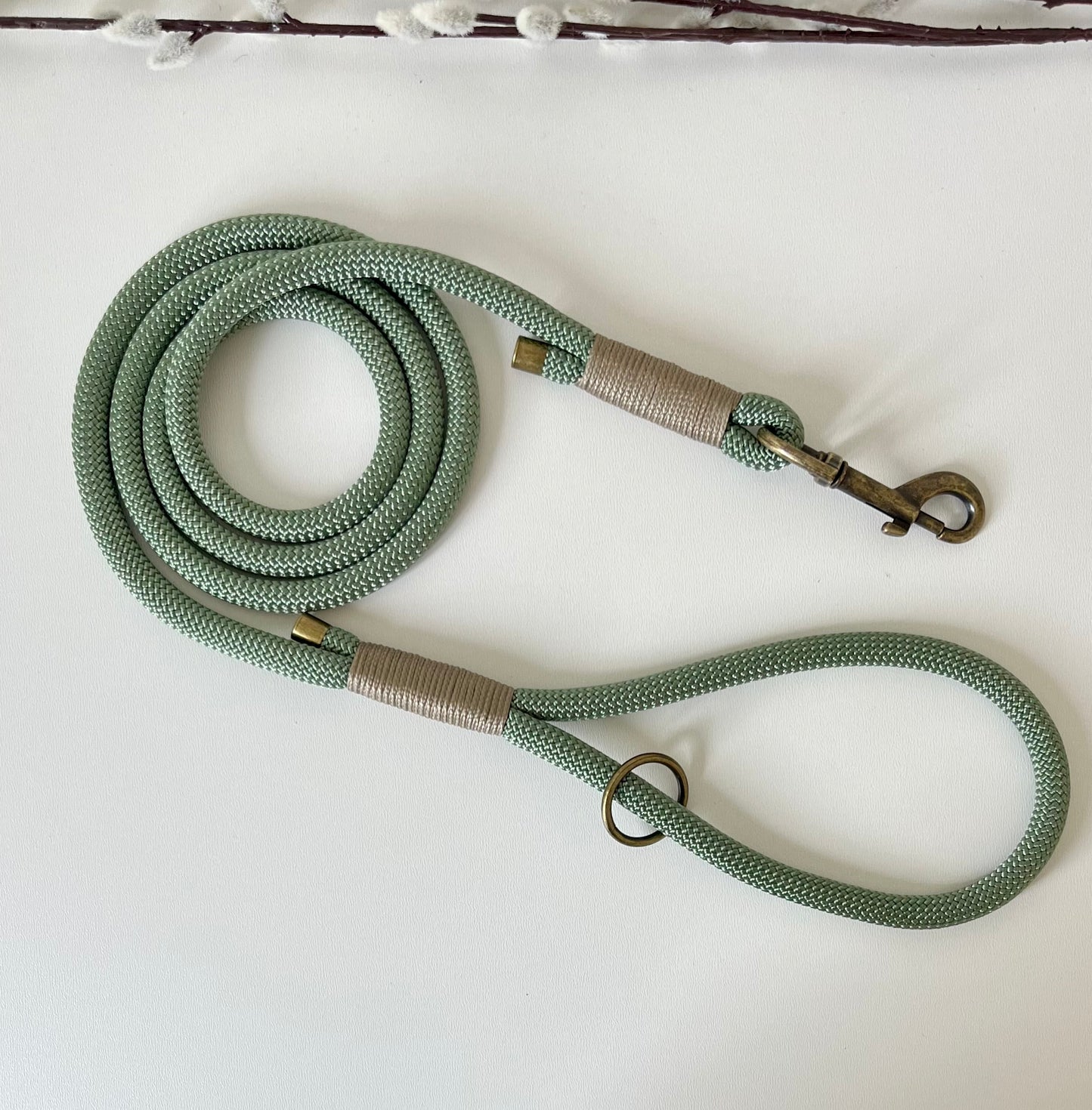 A green rope dog lead with tan binding and antique brass hardware sitting on a white surface