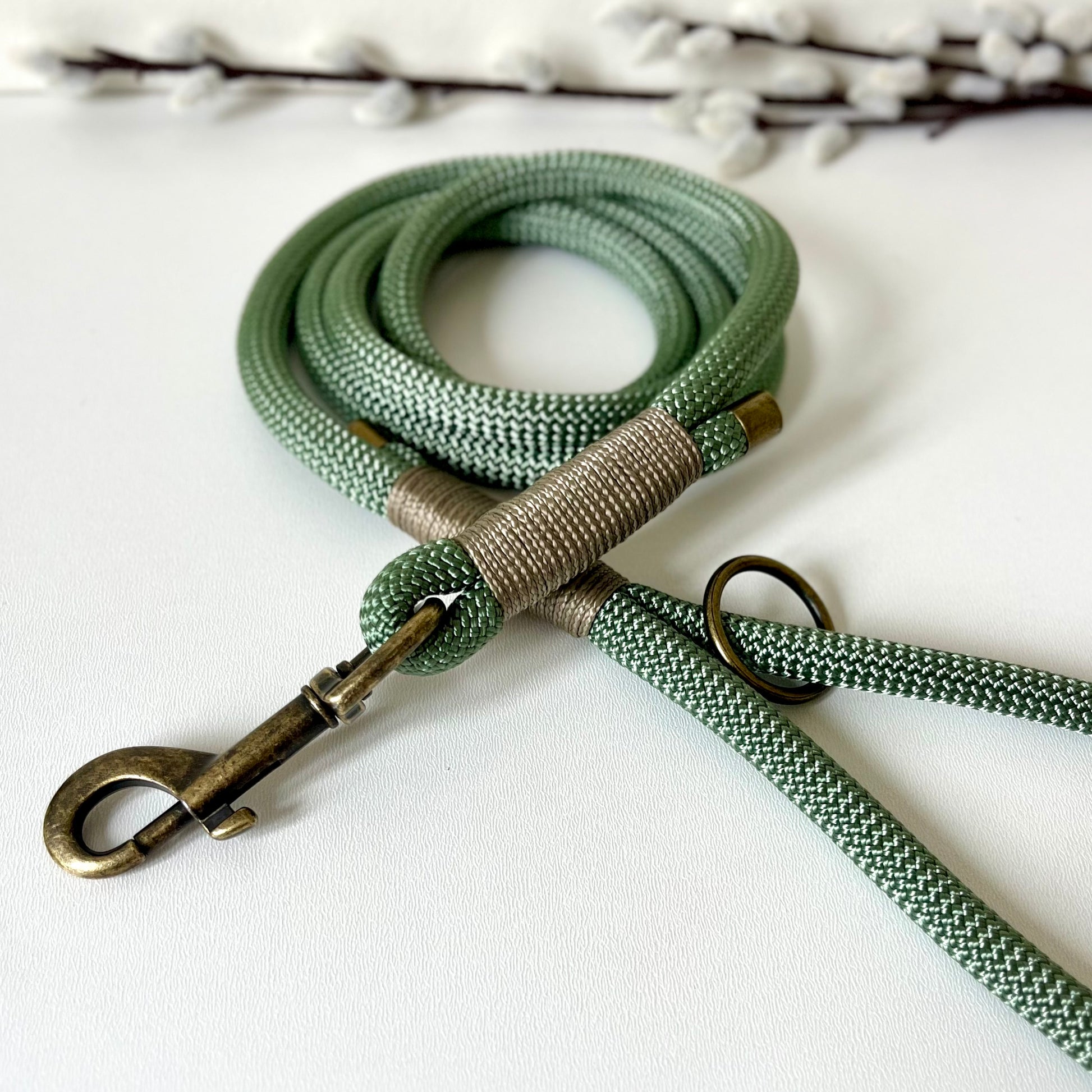 A green rope dog lead with tan binding and antique brass hardware sitting on a white surface